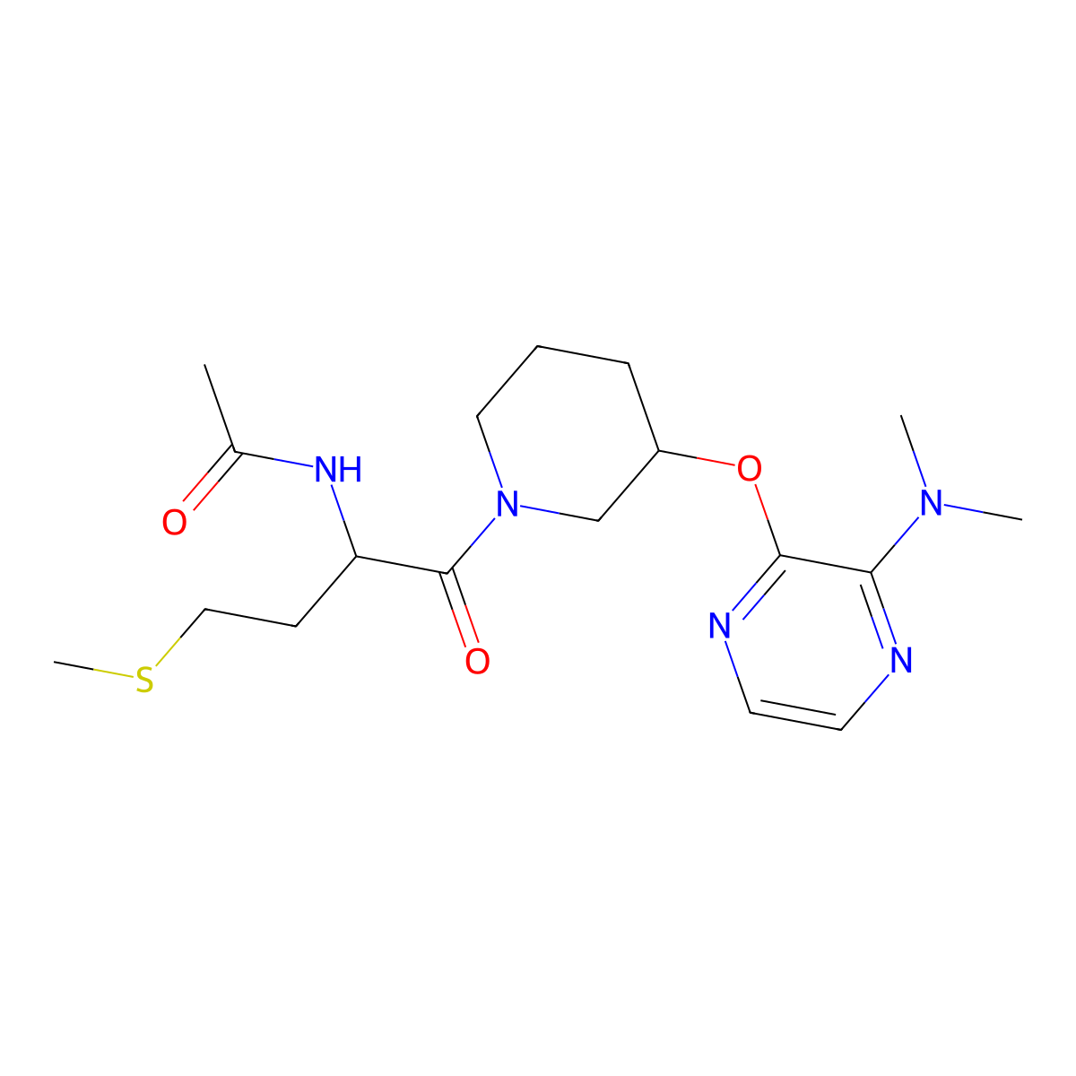 N-(1-(3-((3-(dimethylamino)pyrazin-2-yl)oxy)piperidin-1-yl)-4-(methylthio)-1-oxobutan-2-yl)acetamide molecular structure, CAS 2034204-58-3