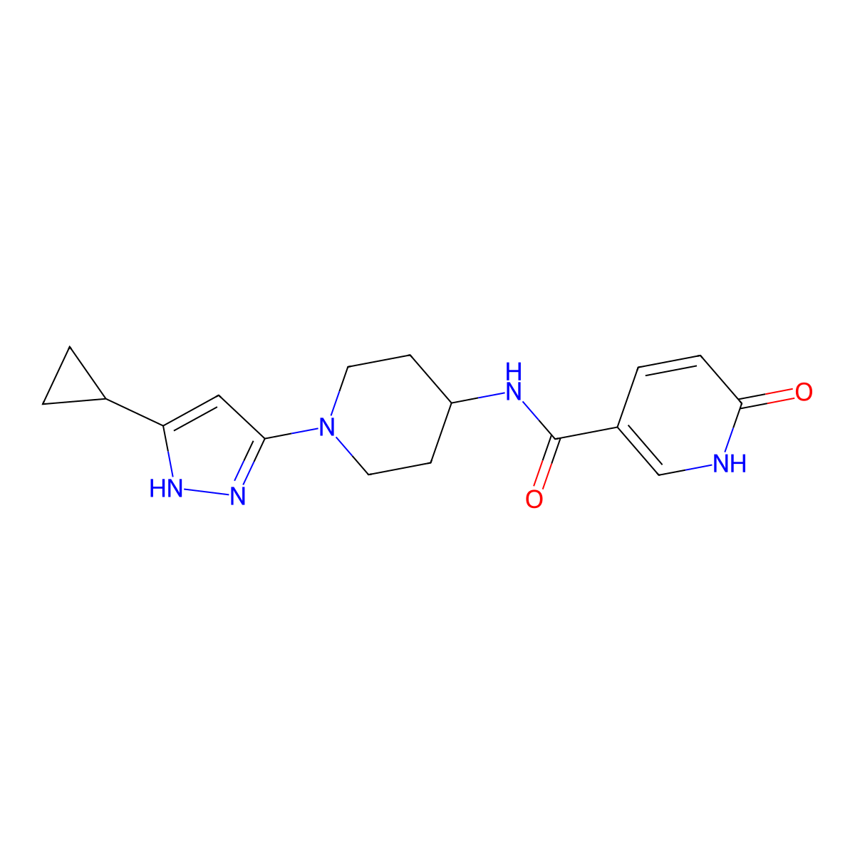 N-(1-(5-cyclopropyl-1H-pyrazol-3-yl)piperidin-4-yl)-6-oxo-1,6-dihydropyridine-3-carboxamide molecular structure, CAS 2034204-69-6