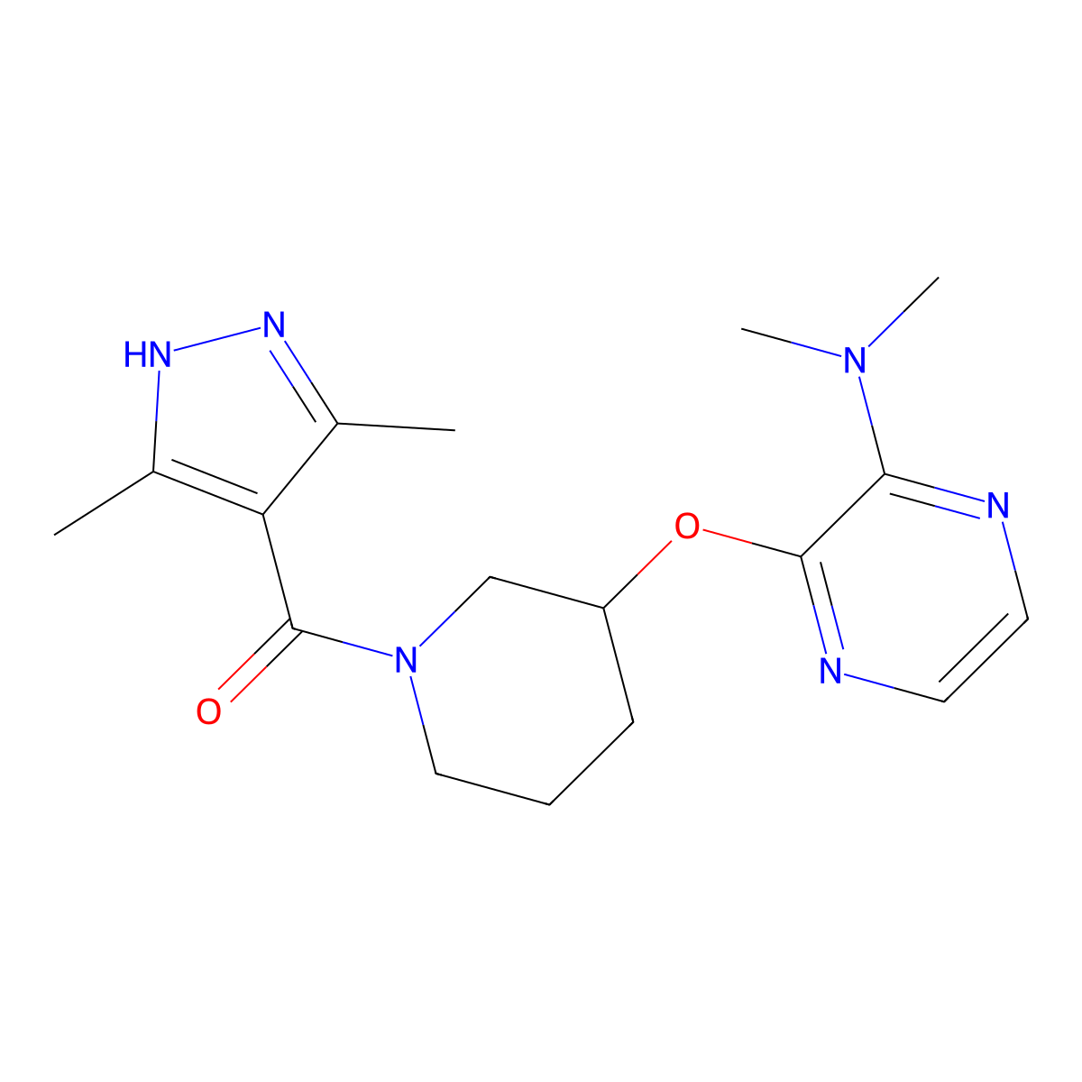 (3,5-dimethyl-1H-pyrazol-4-yl)(3-((3-(dimethylamino)pyrazin-2-yl)oxy)piperidin-1-yl)methanone molecular structure, CAS 2034204-72-1