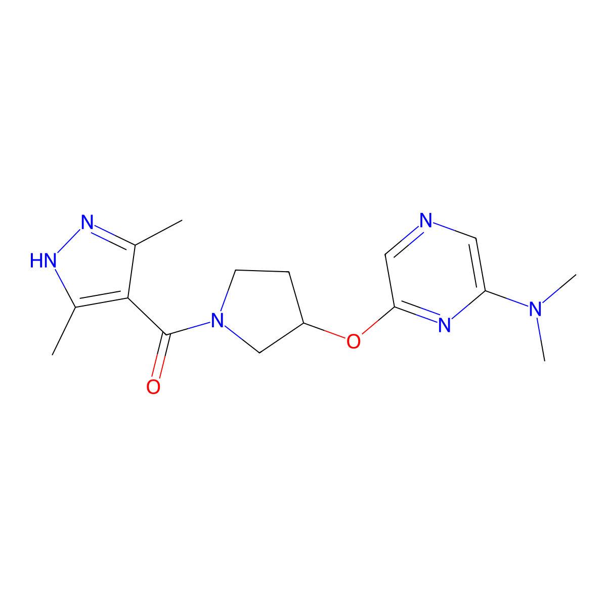 (3,5-dimethyl-1H-pyrazol-4-yl)(3-((6-(dimethylamino)pyrazin-2-yl)oxy)pyrrolidin-1-yl)methanone molecular structure, CAS 2034204-76-5