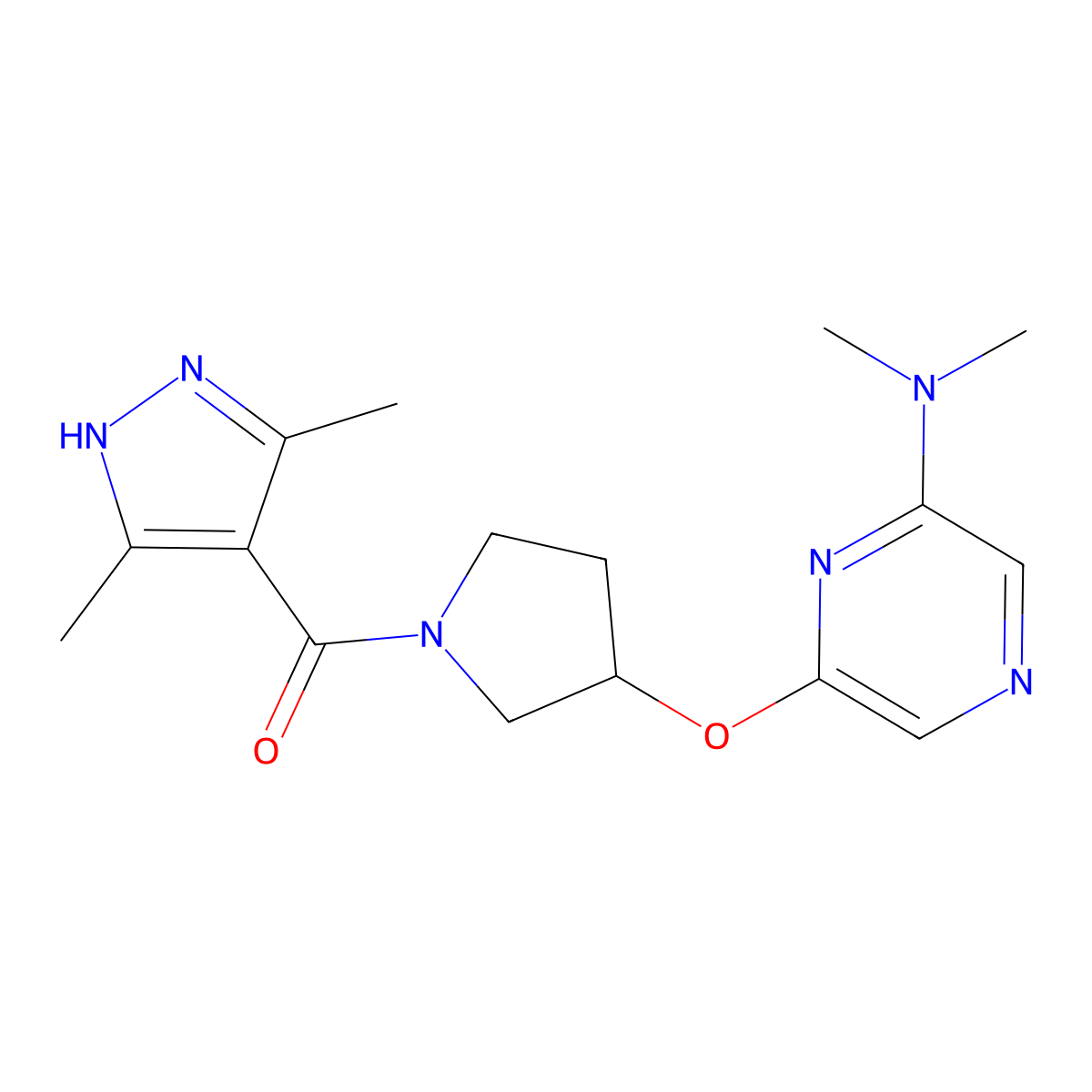 (3,5-dimethyl-1H-pyrazol-4-yl)(3-((6-(dimethylamino)pyrazin-2-yl)oxy)pyrrolidin-1-yl)methanone molecular structure, CAS 2034204-76-5