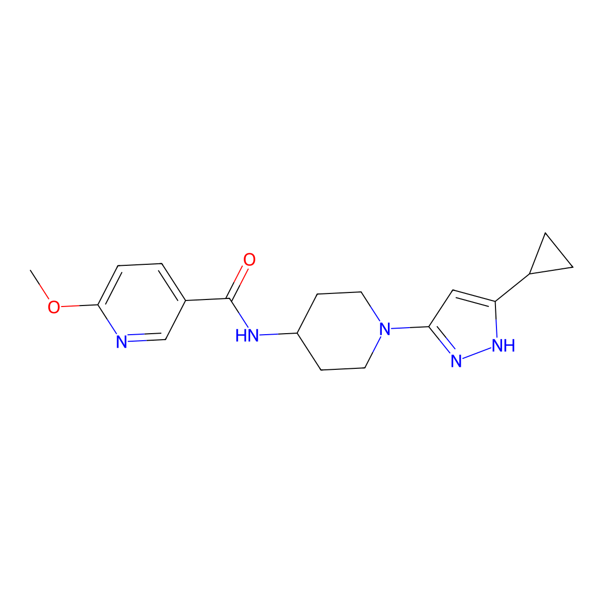 N-(1-(5-cyclopropyl-1H-pyrazol-3-yl)piperidin-4-yl)-6-methoxynicotinamide molecular structure, CAS 2034204-77-6