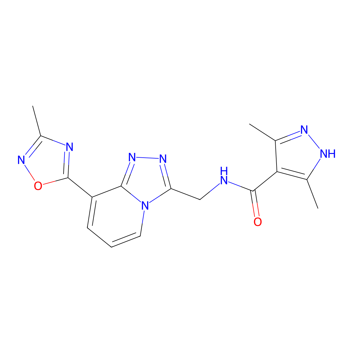 3,5-dimethyl-N-((8-(3-methyl-1,2,4-oxadiazol-5-yl)-[1,2,4]triazolo[4,3-a]pyridin-3-yl)methyl)-1H-pyrazole-4-carboxamide molecular structure, CAS 2034204-84-5