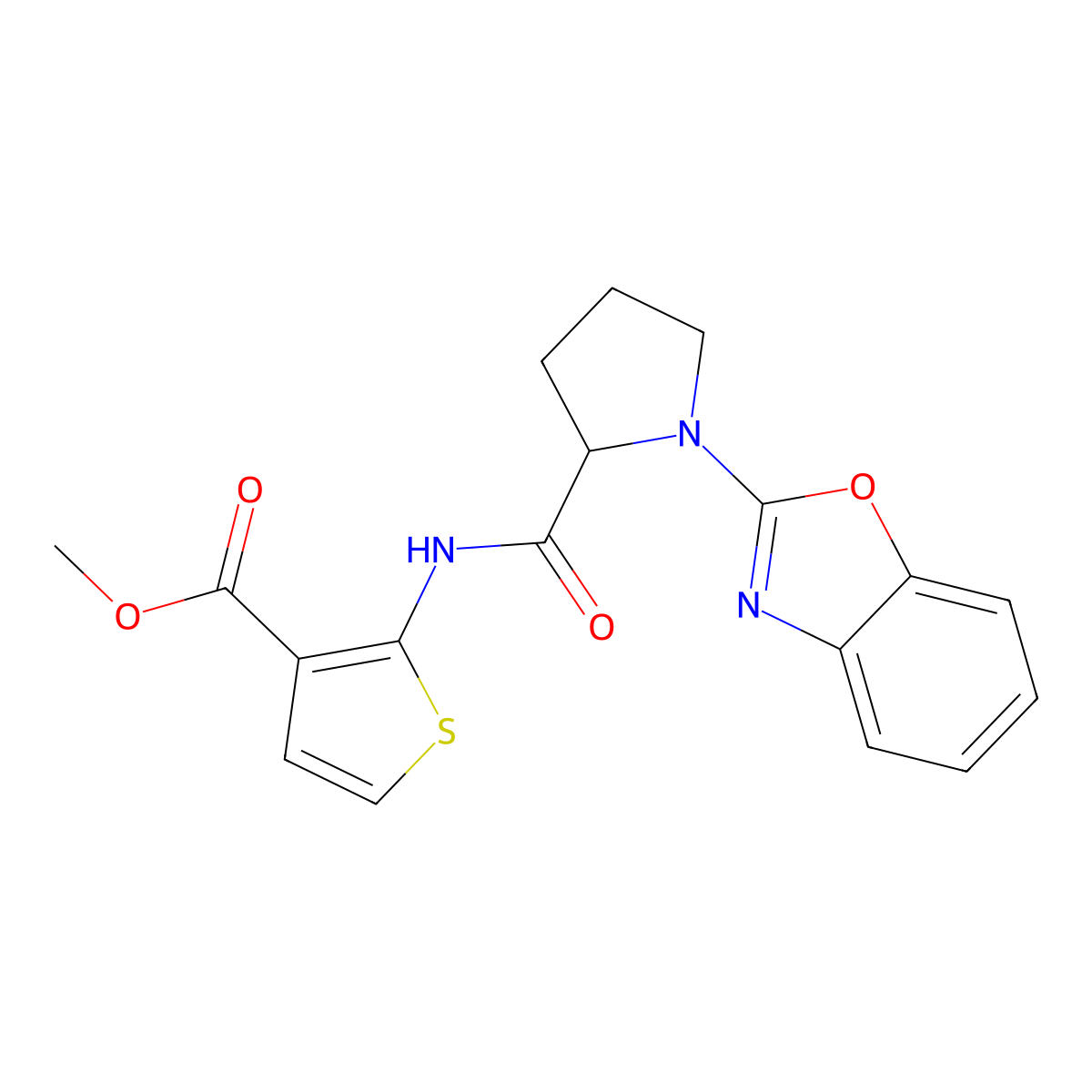 Methyl 2-(1-(benzo[d]oxazol-2-yl)pyrrolidine-2-carboxamido)thiophene-3-carboxylate molecular structure, CAS 2034204-87-8