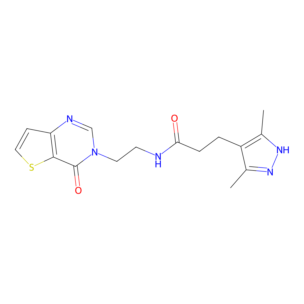 3-(3,5-dimethyl-1H-pyrazol-4-yl)-N-(2-(4-oxothieno[3,2-d]pyrimidin-3(4H)-yl)ethyl)propanamide molecular structure, CAS 2034204-89-0