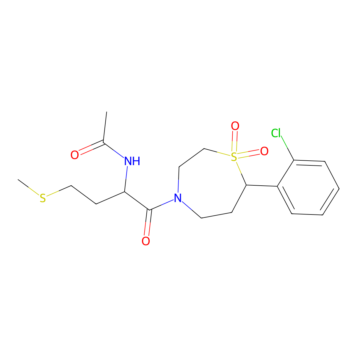 N-(1-(7-(2-chlorophenyl)-1,1-dioxido-1,4-thiazepan-4-yl)-4-(methylthio)-1-oxobutan-2-yl)acetamide molecular structure, CAS 2034204-96-9