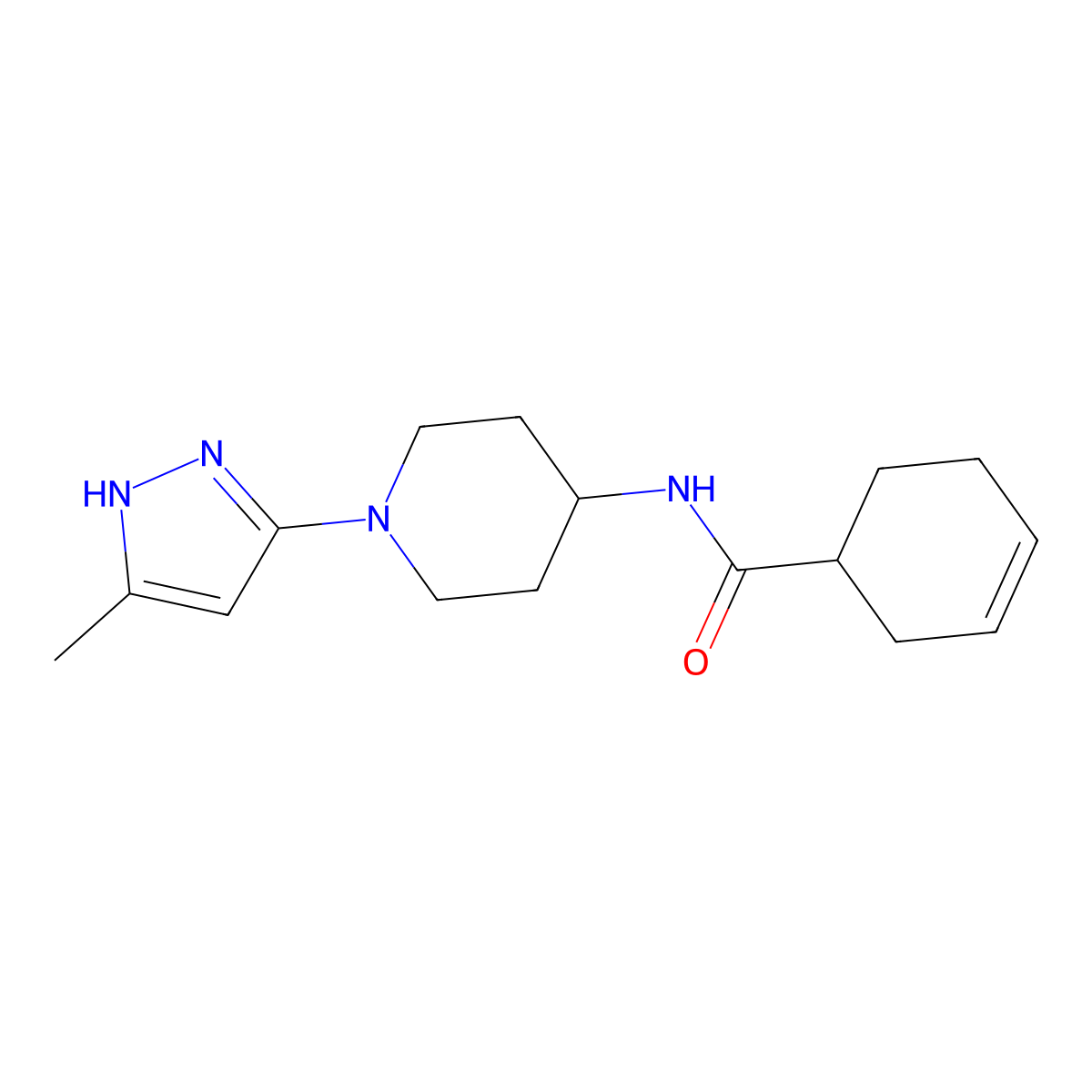 N-(1-(5-methyl-1H-pyrazol-3-yl)piperidin-4-yl)cyclohex-3-enecarboxamide molecular structure, CAS 2034205-01-9