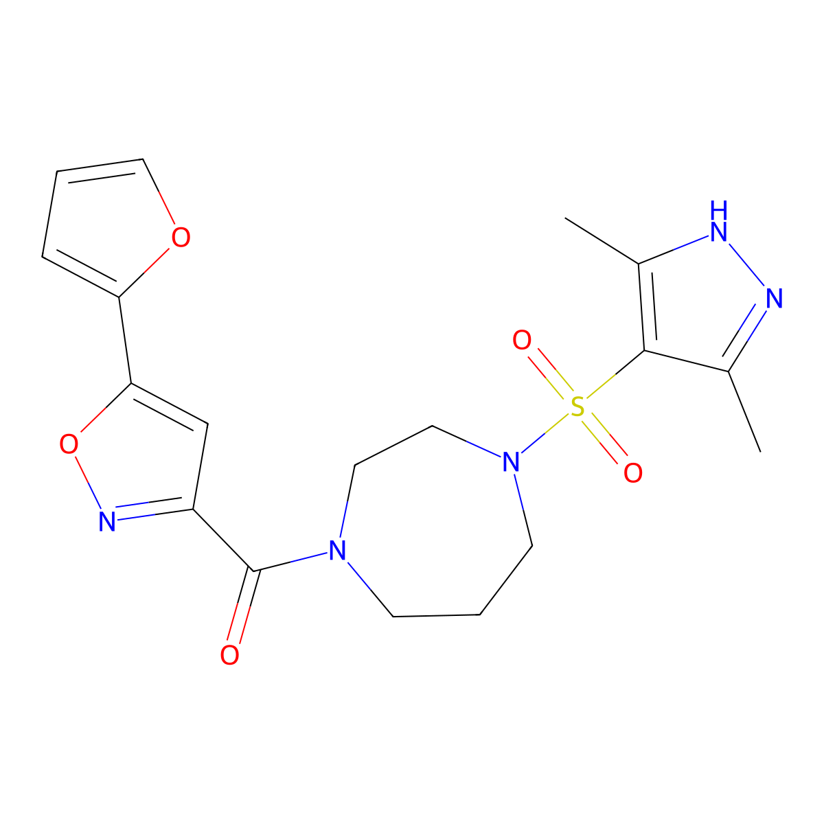 (4-((3,5-dimethyl-1H-pyrazol-4-yl)sulfonyl)-1,4-diazepan-1-yl)(5-(furan-2-yl)isoxazol-3-yl)methanone molecular structure, CAS 2034205-02-0