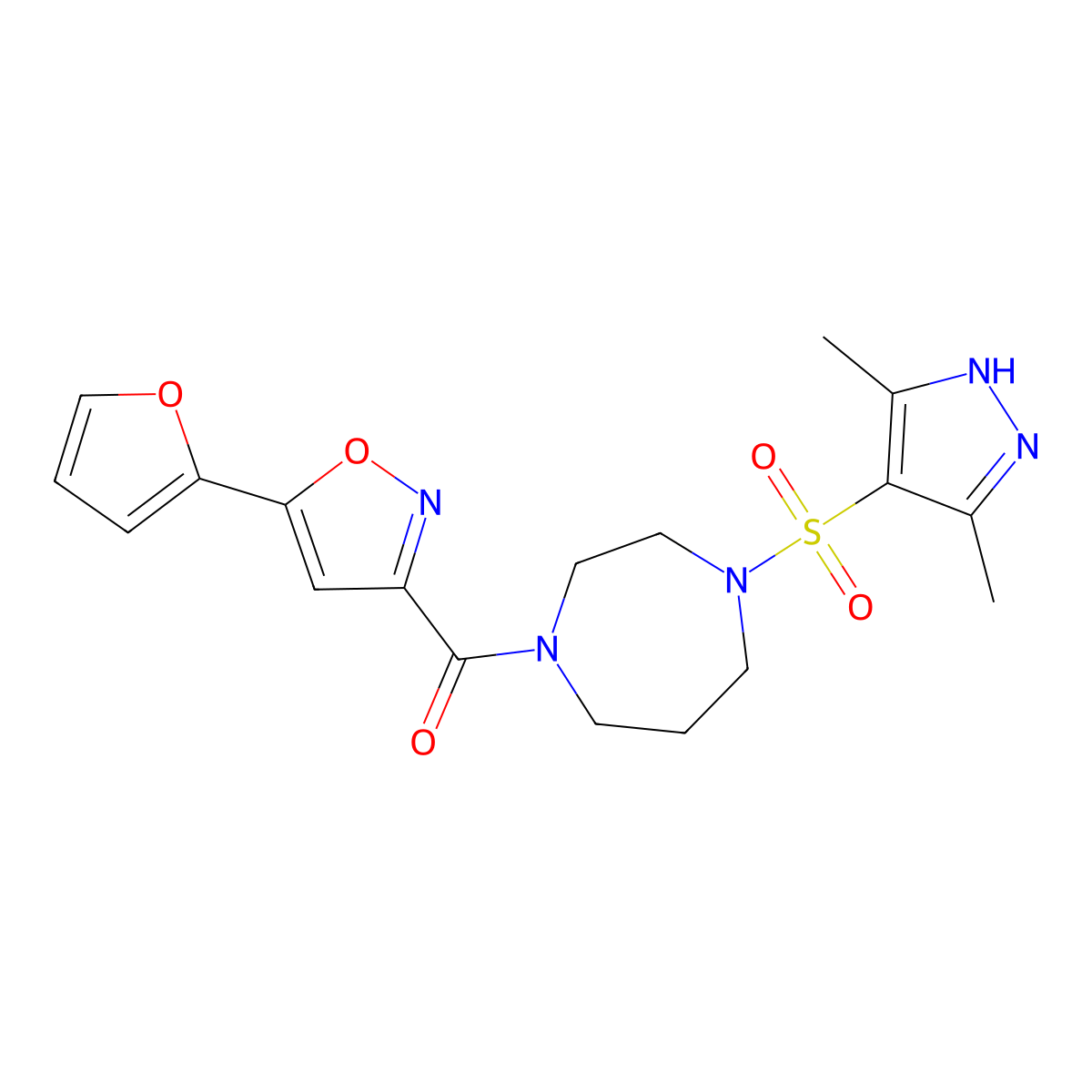 (4-((3,5-dimethyl-1H-pyrazol-4-yl)sulfonyl)-1,4-diazepan-1-yl)(5-(furan-2-yl)isoxazol-3-yl)methanone molecular structure, CAS 2034205-02-0