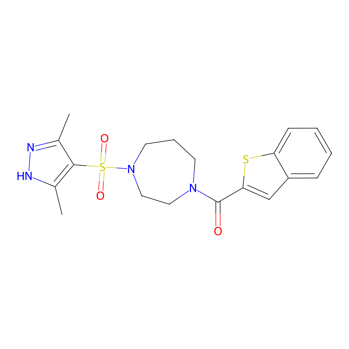 1-(1-benzothiophene-2-carbonyl)-4-[(3,5-dimethyl-1H-pyrazol-4-yl)sulfonyl]-1,4-diazepane molecular structure, CAS 2034205-10-0