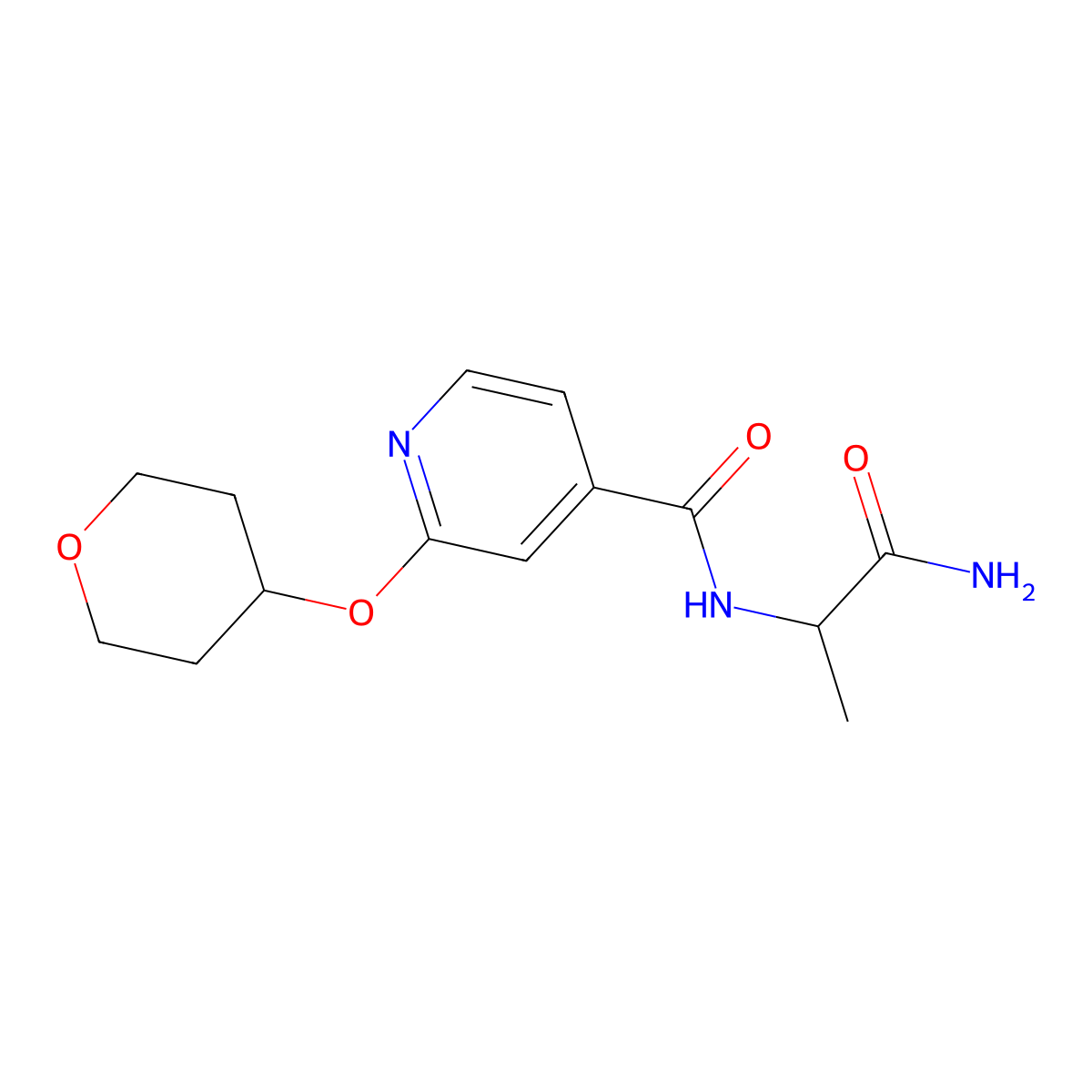 N-(1-amino-1-oxopropan-2-yl)-2-((tetrahydro-2H-pyran-4-yl)oxy)isonicotinamide molecular structure, CAS 2034205-24-6
