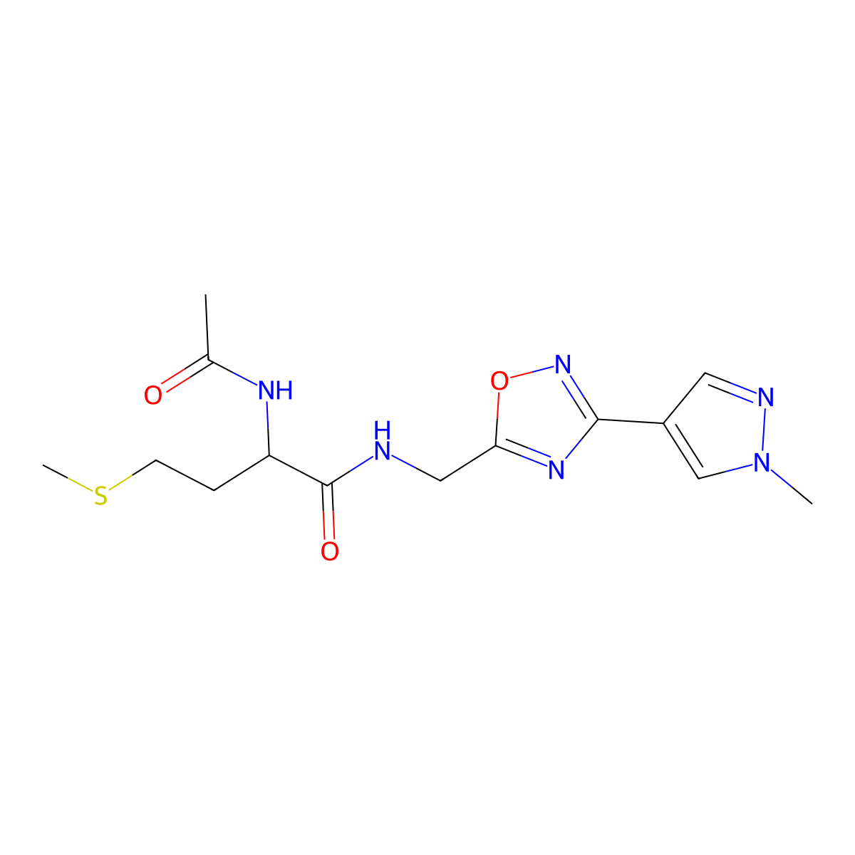2-acetamido-N-((3-(1-methyl-1H-pyrazol-4-yl)-1,2,4-oxadiazol-5-yl)methyl)-4-(methylthio)butanamide molecular structure, CAS 2034205-30-4