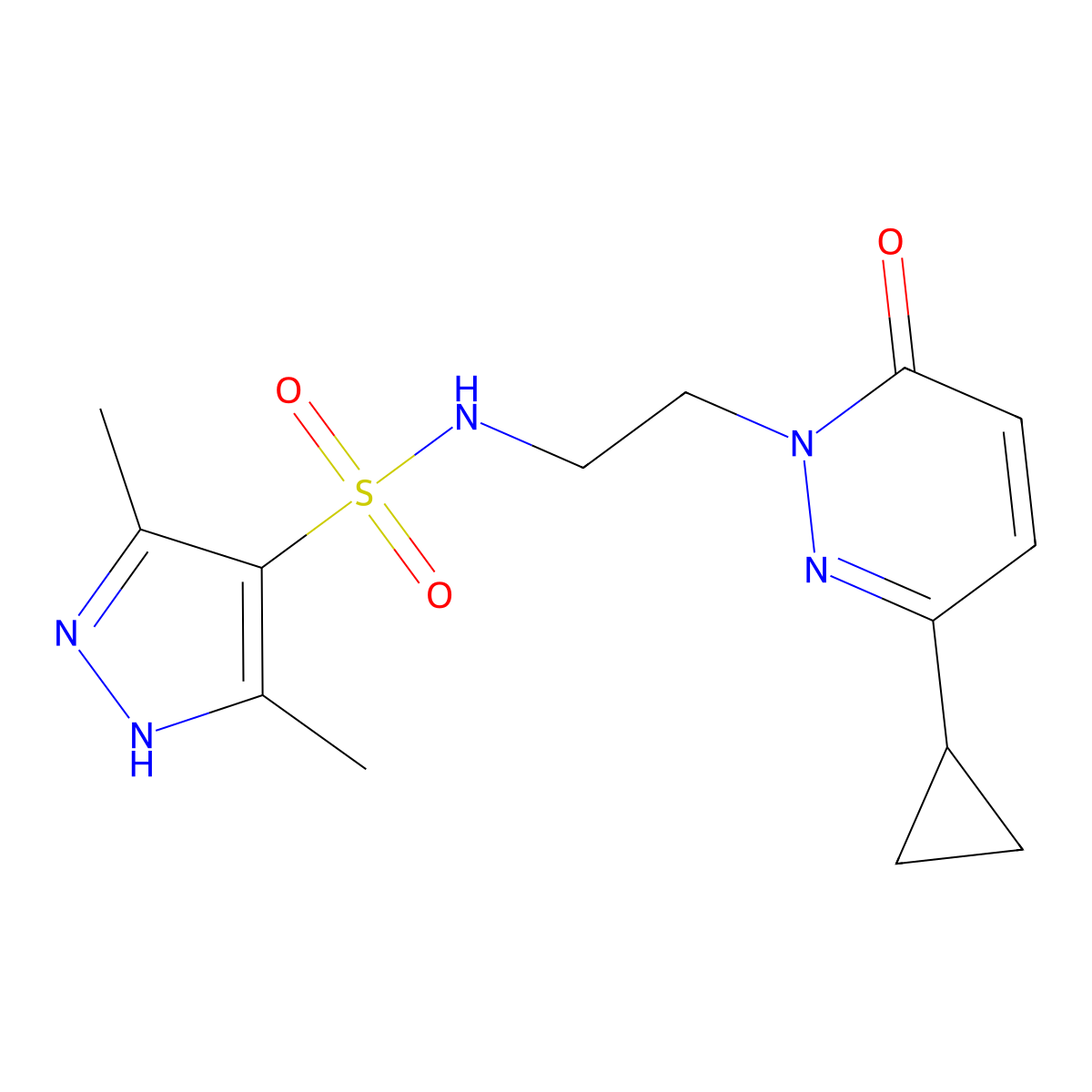 N-(2-(3-cyclopropyl-6-oxopyridazin-1(6H)-yl)ethyl)-3,5-dimethyl-1H-pyrazole-4-sulfonamide molecular structure, CAS 2034205-37-1