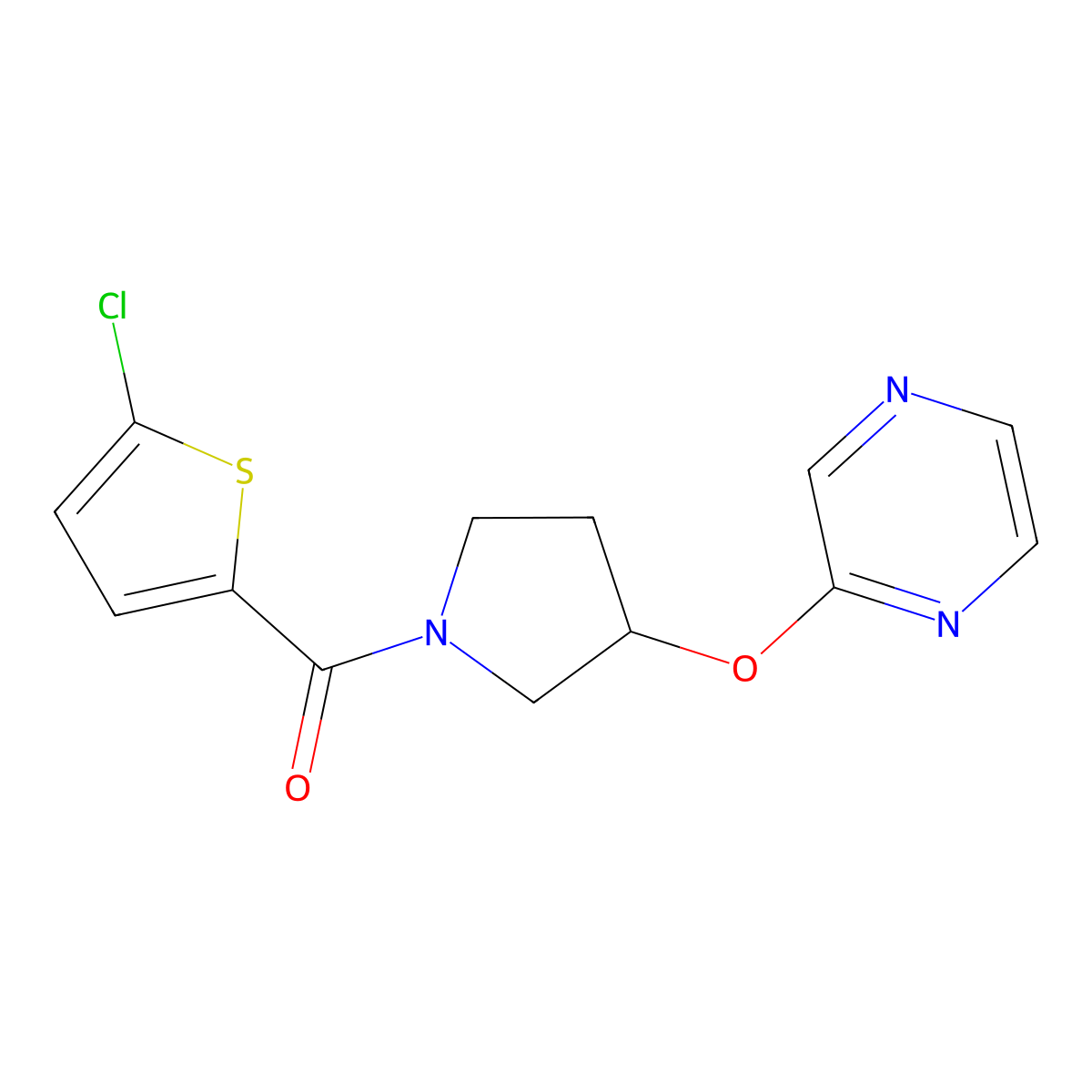 (5-Chlorothiophen-2-yl)(3-(pyrazin-2-yloxy)pyrrolidin-1-yl)methanone molecular structure, CAS 2034205-38-2
