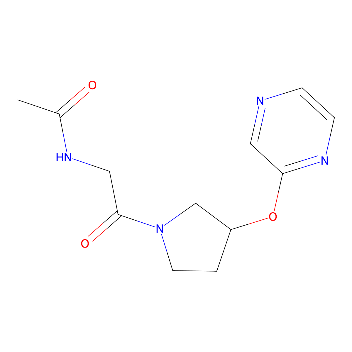 N-(2-oxo-2-(3-(pyrazin-2-yloxy)pyrrolidin-1-yl)ethyl)acetamide molecular structure, CAS 2034205-44-0