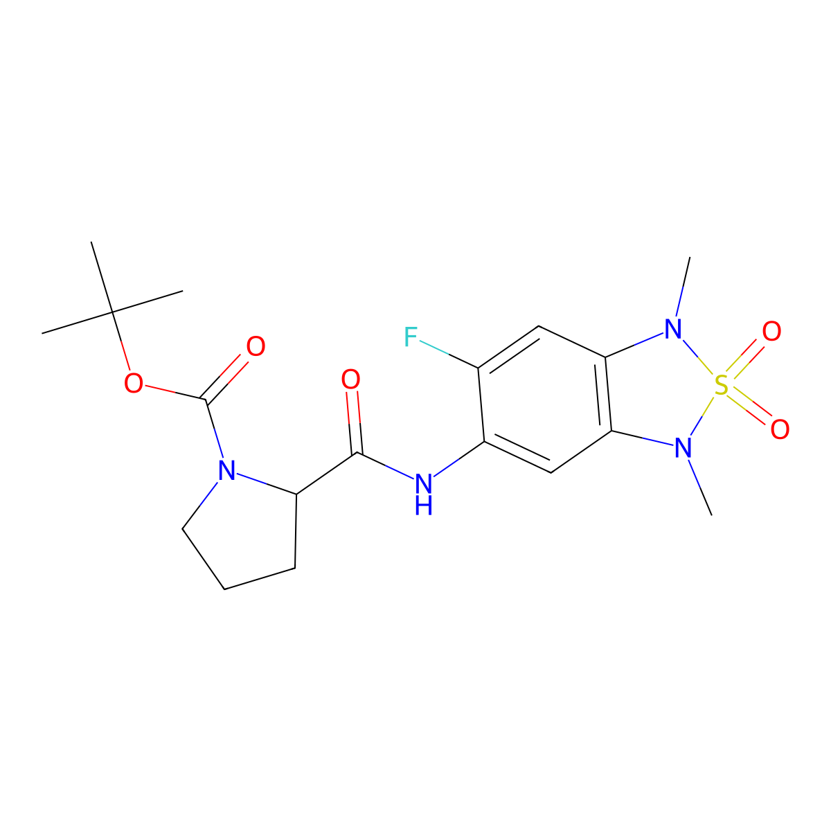 Tert-butyl 2-((6-fluoro-1,3-dimethyl-2,2-dioxido-1,3-dihydrobenzo[c][1,2,5]thiadiazol-5-yl)carbamoyl)pyrrolidine-1-carboxylate molecular structure, CAS 2034205-46-2