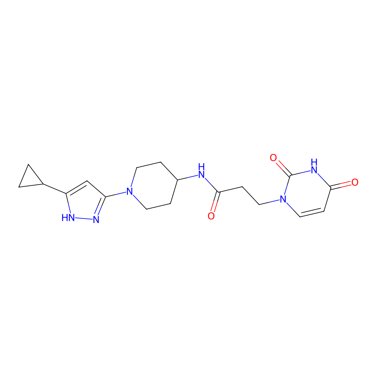 N-(1-(5-cyclopropyl-1H-pyrazol-3-yl)piperidin-4-yl)-3-(2,4-dioxo-3,4-dihydropyrimidin-1(2H)-yl)propanamide molecular structure, CAS 2034205-48-4