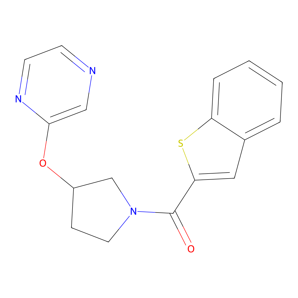 Benzo[b]thiophen-2-yl(3-(pyrazin-2-yloxy)pyrrolidin-1-yl)methanone molecular structure, CAS 2034205-51-9