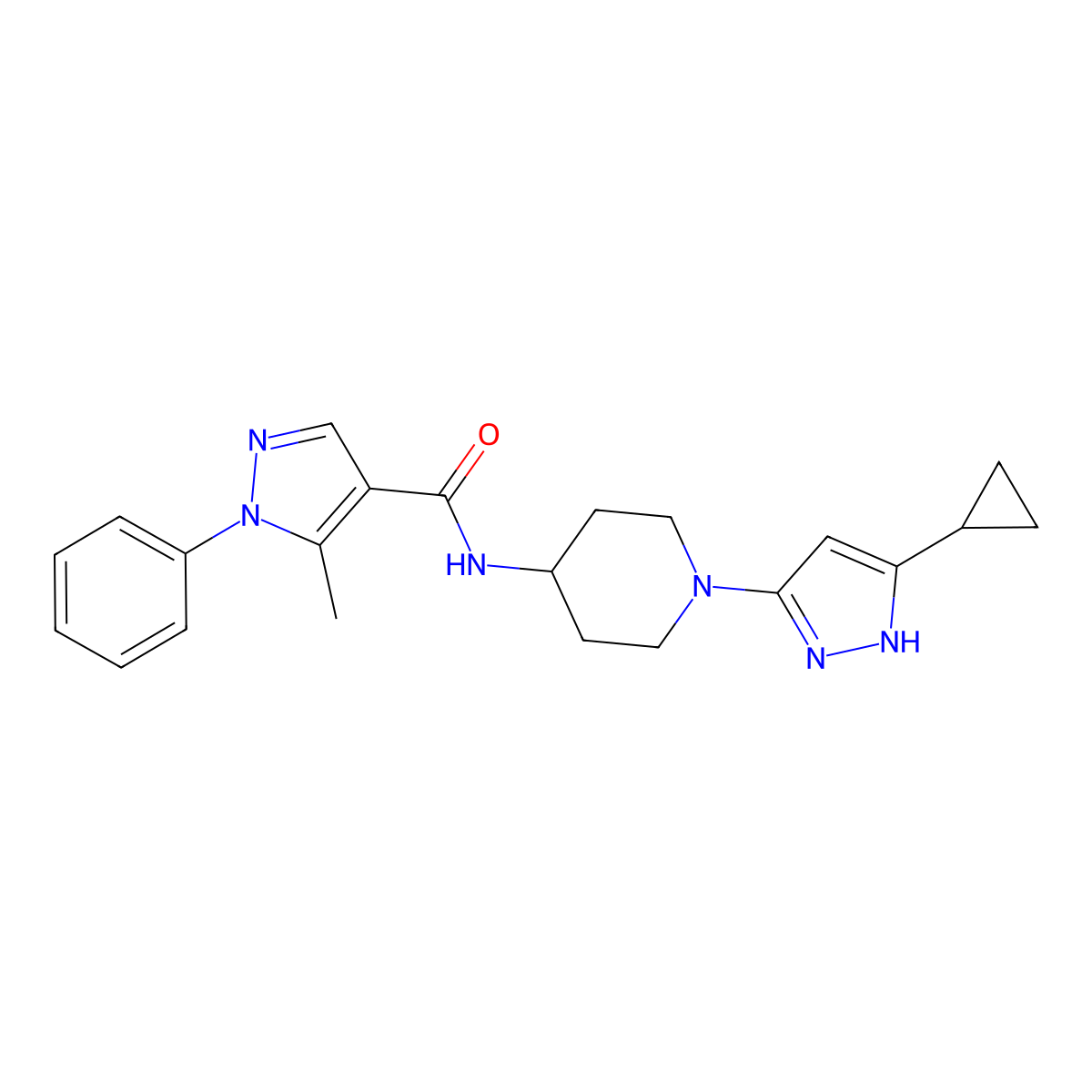 N-[1-(5-cyclopropyl-1H-pyrazol-3-yl)piperidin-4-yl]-5-methyl-1-phenyl-1H-pyrazole-4-carboxamide molecular structure, CAS 2034205-52-0