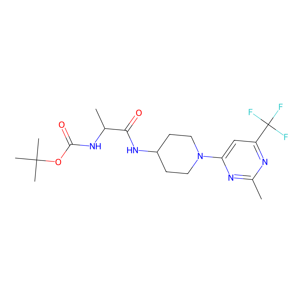Tert-butyl (1-((1-(2-methyl-6-(trifluoromethyl)pyrimidin-4-yl)piperidin-4-yl)amino)-1-oxopropan-2-yl)carbamate molecular structure, CAS 2034205-53-1
