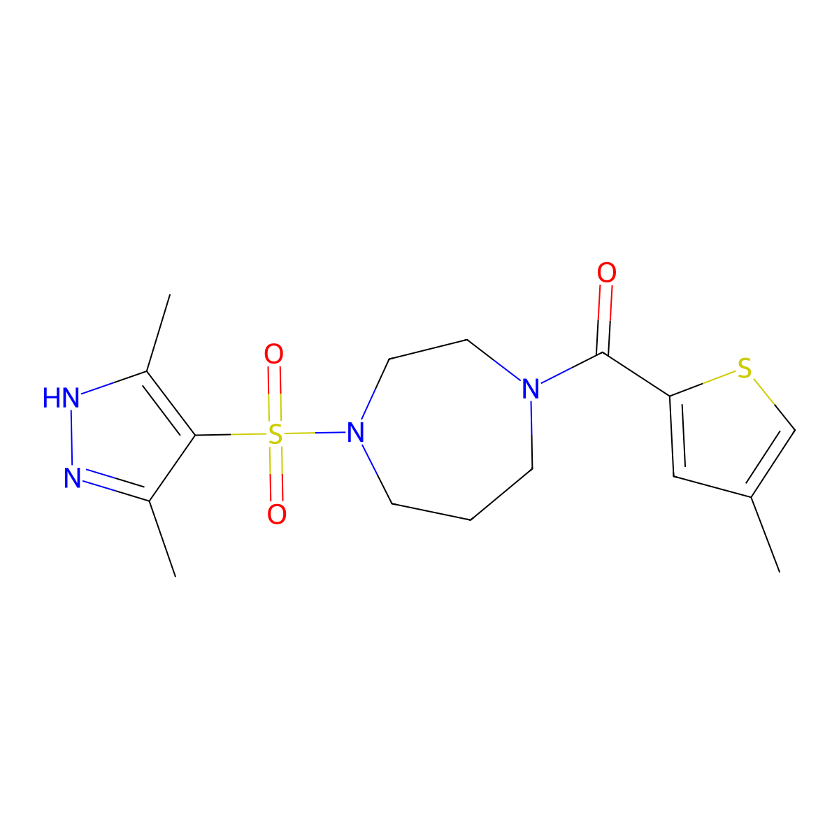 (4-((3,5-dimethyl-1H-pyrazol-4-yl)sulfonyl)-1,4-diazepan-1-yl)(4-methylthiophen-2-yl)methanone molecular structure, CAS 2034205-54-2