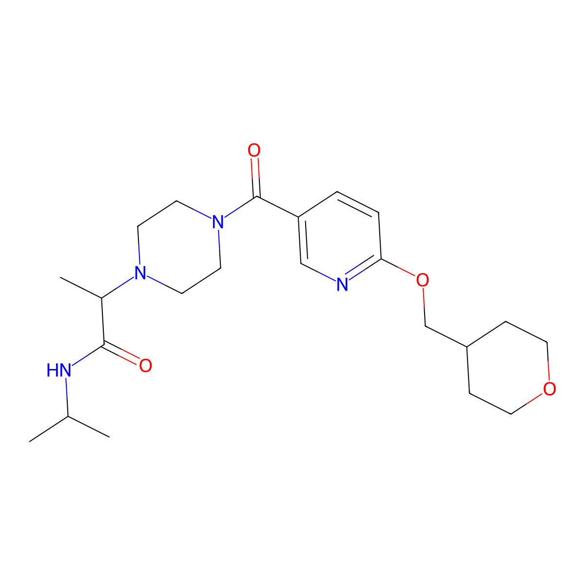 N-isopropyl-2-(4-(6-((tetrahydro-2H-pyran-4-yl)methoxy)nicotinoyl)piperazin-1-yl)propanamide molecular structure, CAS 2034205-55-3
