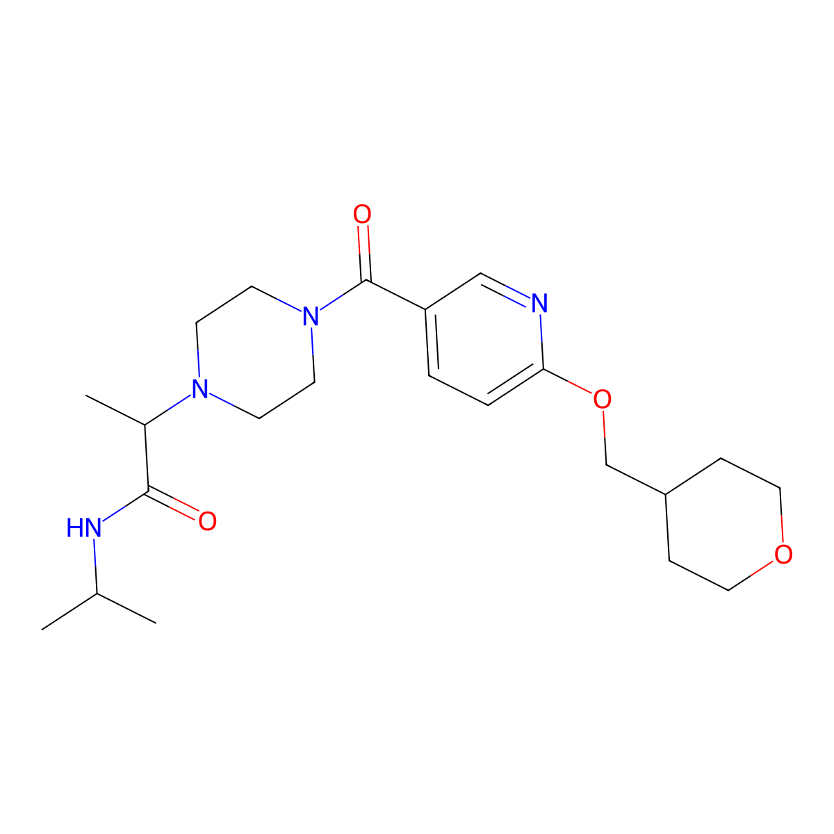 N-isopropyl-2-(4-(6-((tetrahydro-2H-pyran-4-yl)methoxy)nicotinoyl)piperazin-1-yl)propanamide molecular structure, CAS 2034205-55-3