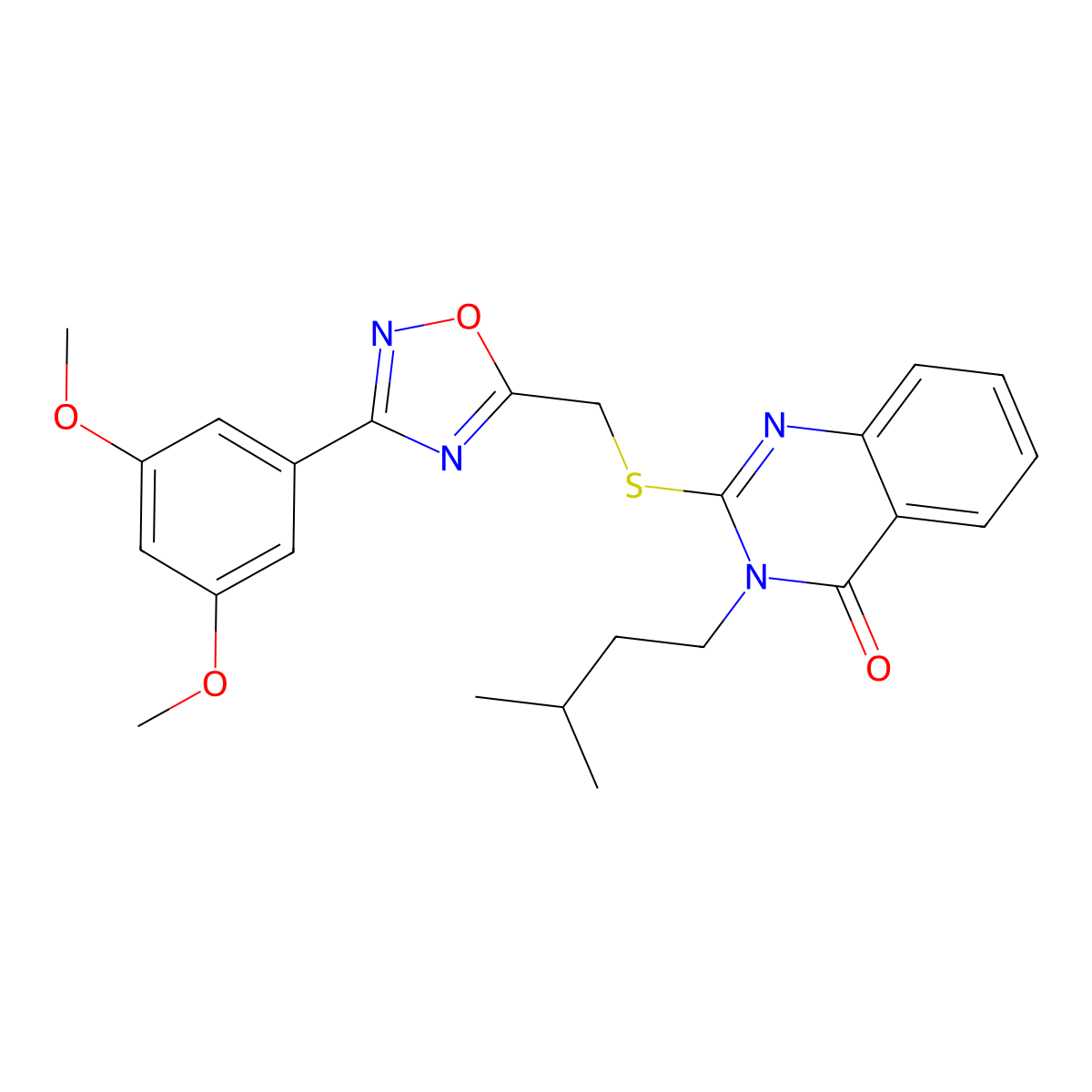 2-(((3-(3,5-dimethoxyphenyl)-1,2,4-oxadiazol-5-yl)methyl)thio)-3-isopentylquinazolin-4(3H)-one molecular structure, CAS 2034205-56-4
