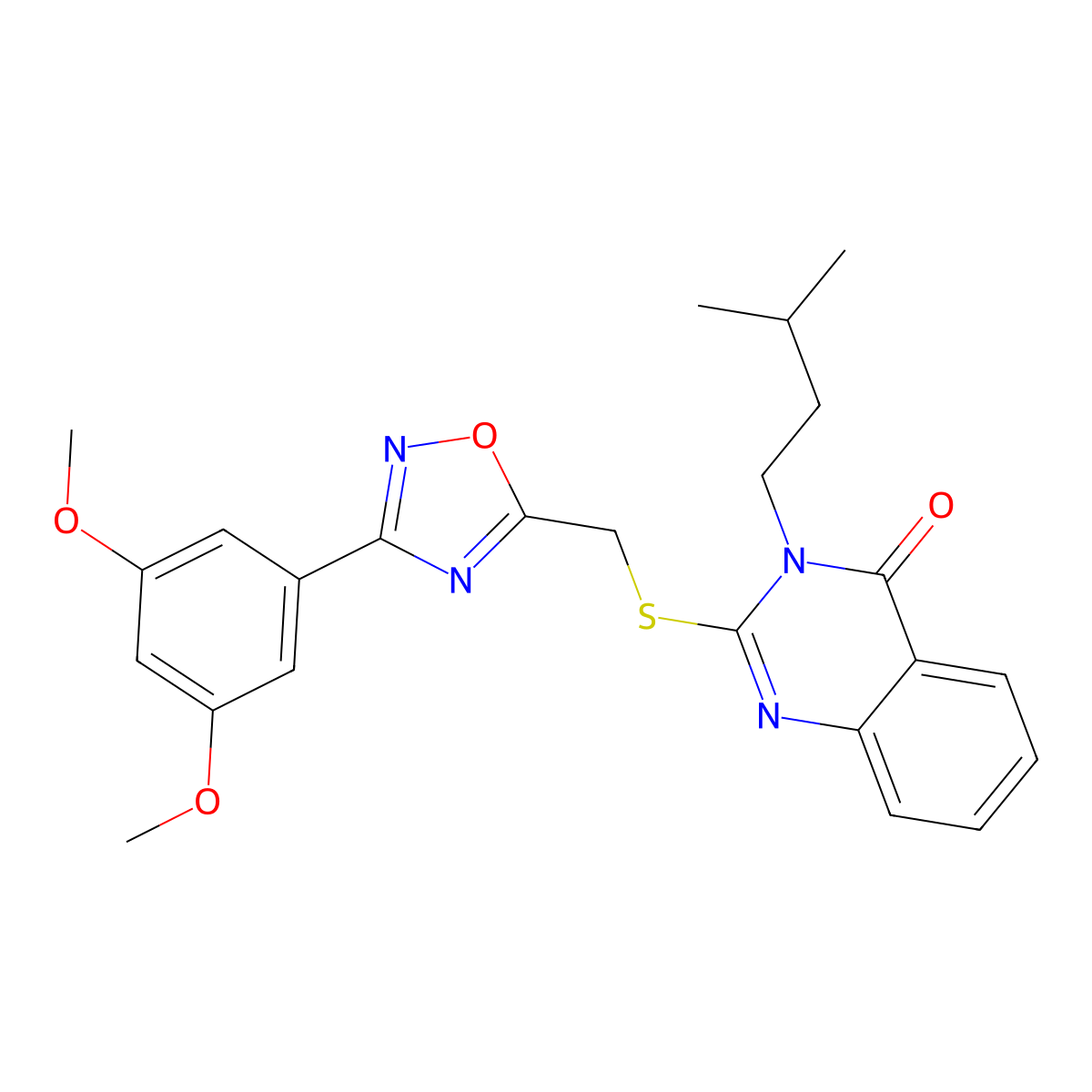 2-(((3-(3,5-dimethoxyphenyl)-1,2,4-oxadiazol-5-yl)methyl)thio)-3-isopentylquinazolin-4(3H)-one molecular structure, CAS 2034205-56-4