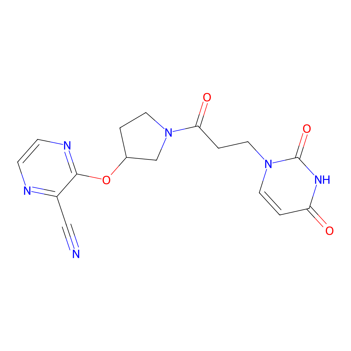 3-((1-(3-(2,4-dioxo-3,4-dihydropyrimidin-1(2H)-yl)propanoyl)pyrrolidin-3-yl)oxy)pyrazine-2-carbonitrile molecular structure, CAS 2034205-57-5
