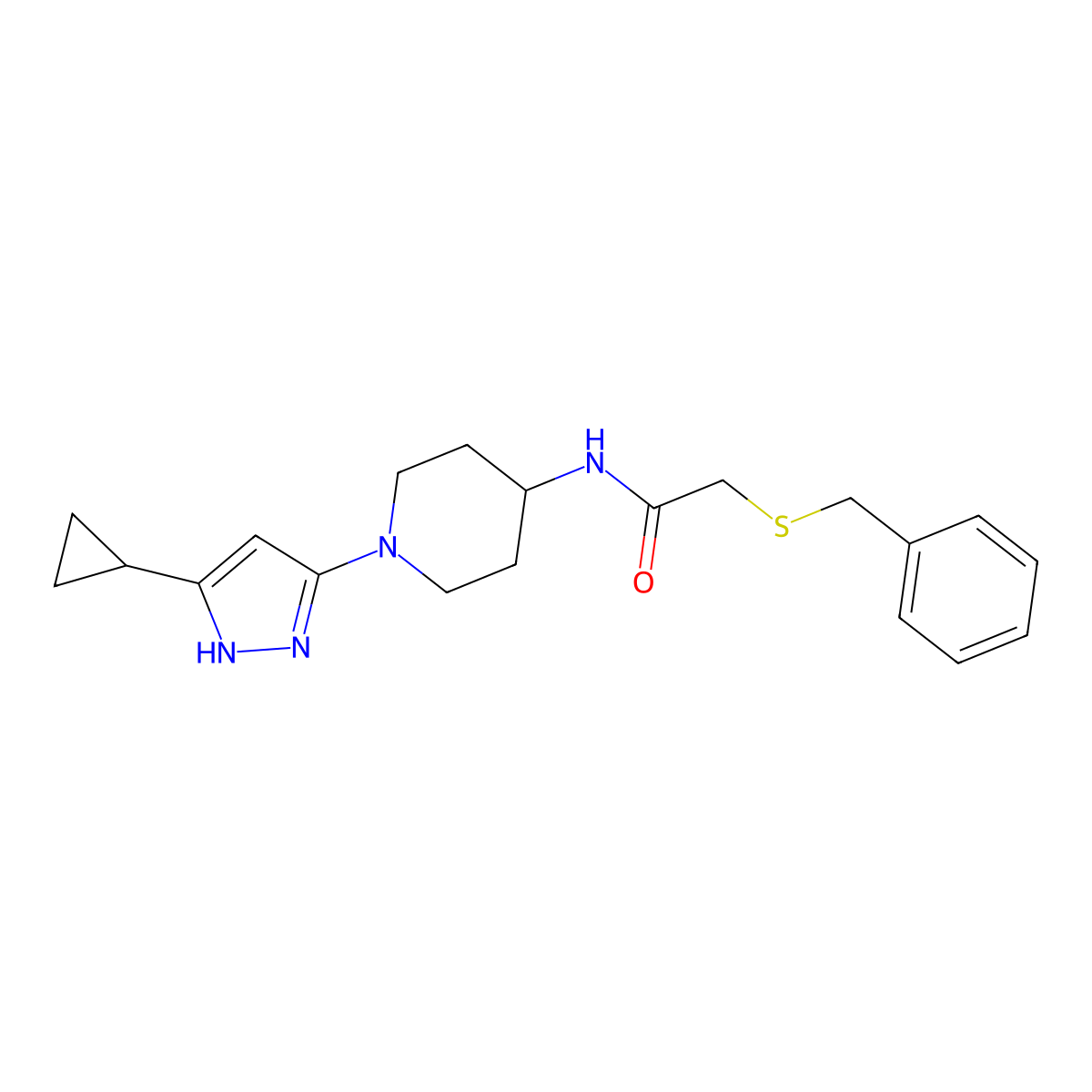 2-(benzylthio)-N-(1-(5-cyclopropyl-1H-pyrazol-3-yl)piperidin-4-yl)acetamide molecular structure, CAS 2034205-58-6