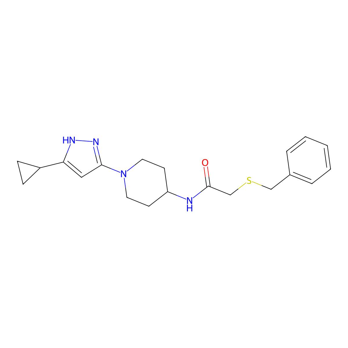 2-(benzylthio)-N-(1-(5-cyclopropyl-1H-pyrazol-3-yl)piperidin-4-yl)acetamide molecular structure, CAS 2034205-58-6