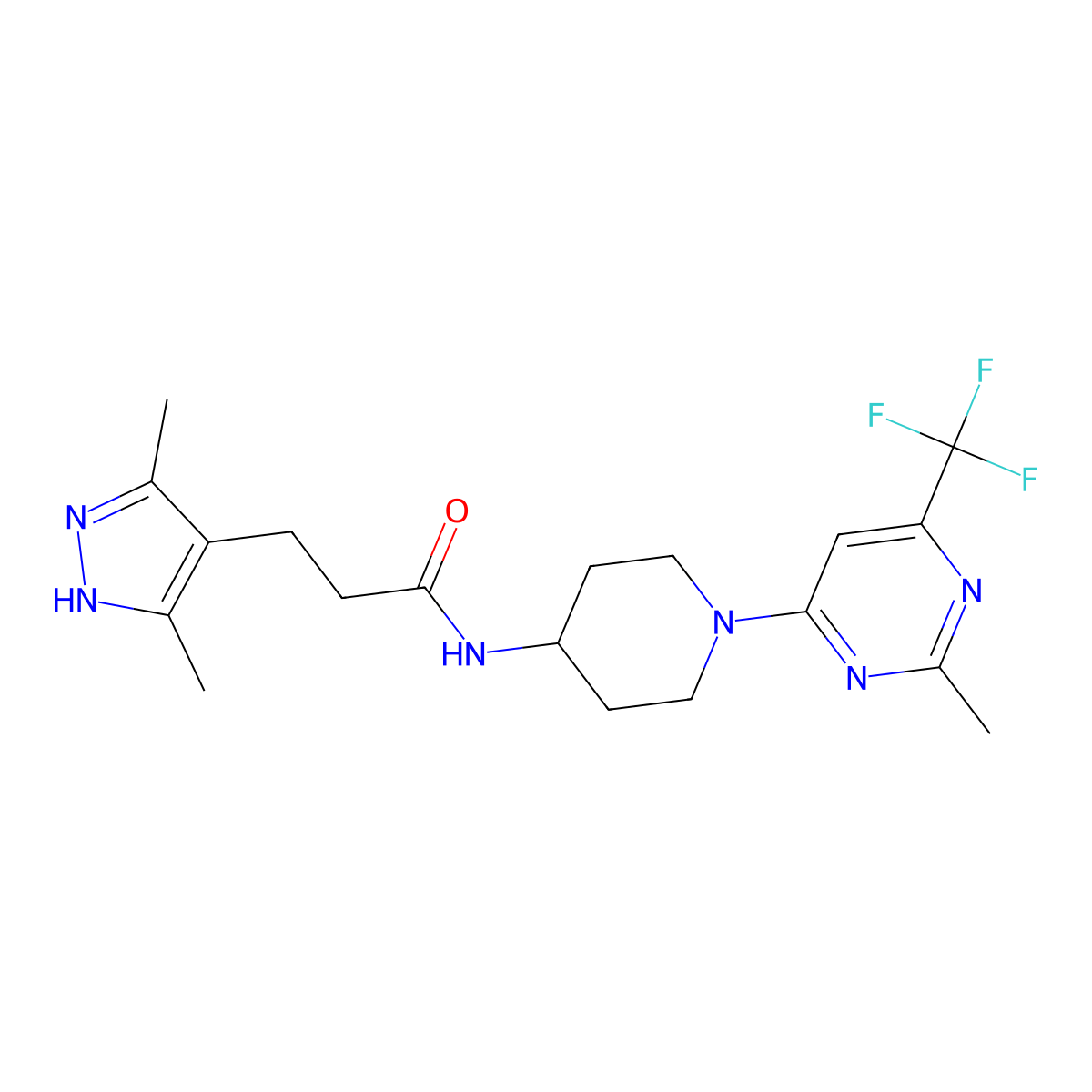 3-(3,5-dimethyl-1H-pyrazol-4-yl)-N-{1-[2-methyl-6-(trifluoromethyl)pyrimidin-4-yl]piperidin-4-yl}propanamide molecular structure, CAS 2034205-59-7