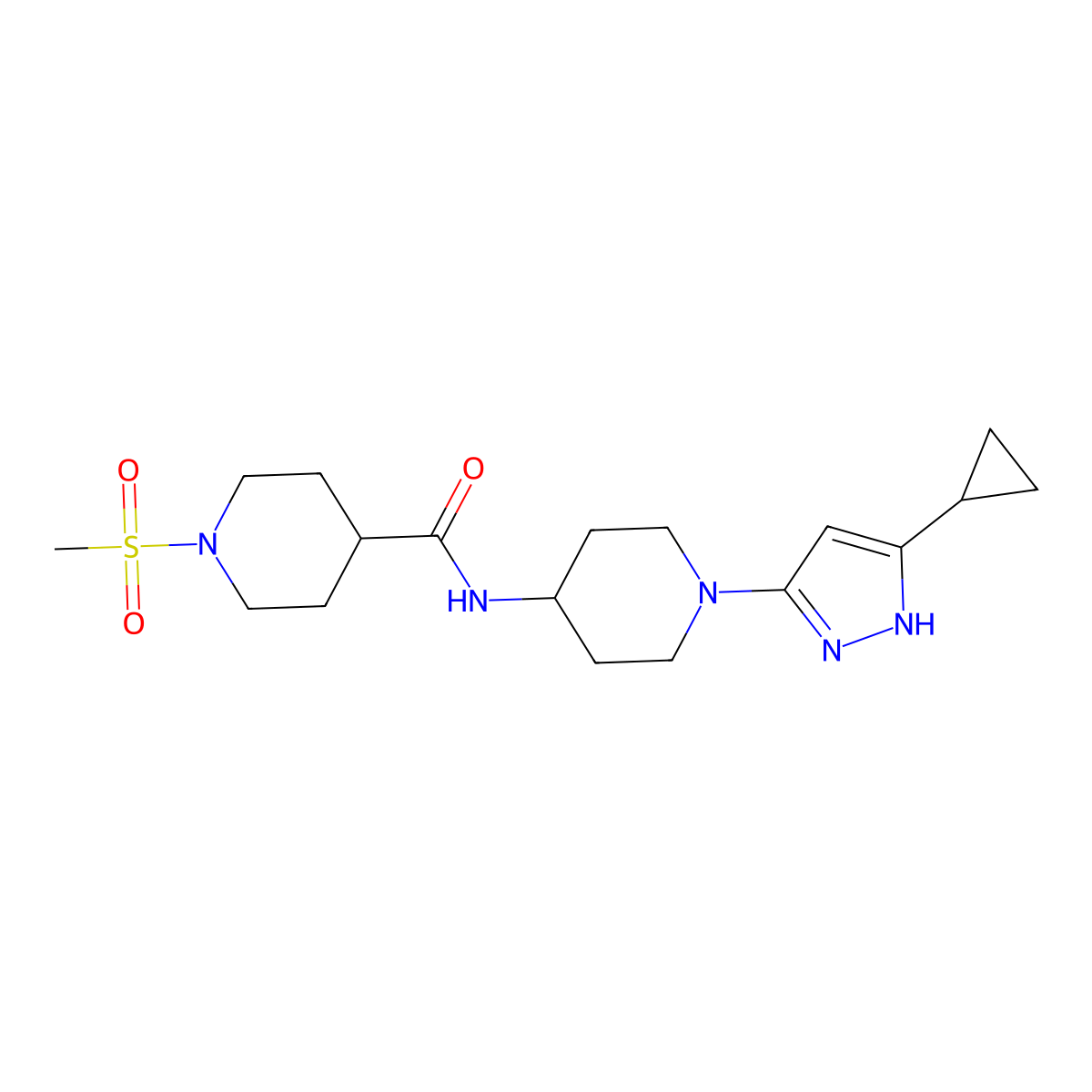 N-(1-(5-cyclopropyl-1H-pyrazol-3-yl)piperidin-4-yl)-1-(methylsulfonyl)piperidine-4-carboxamide molecular structure, CAS 2034205-60-0