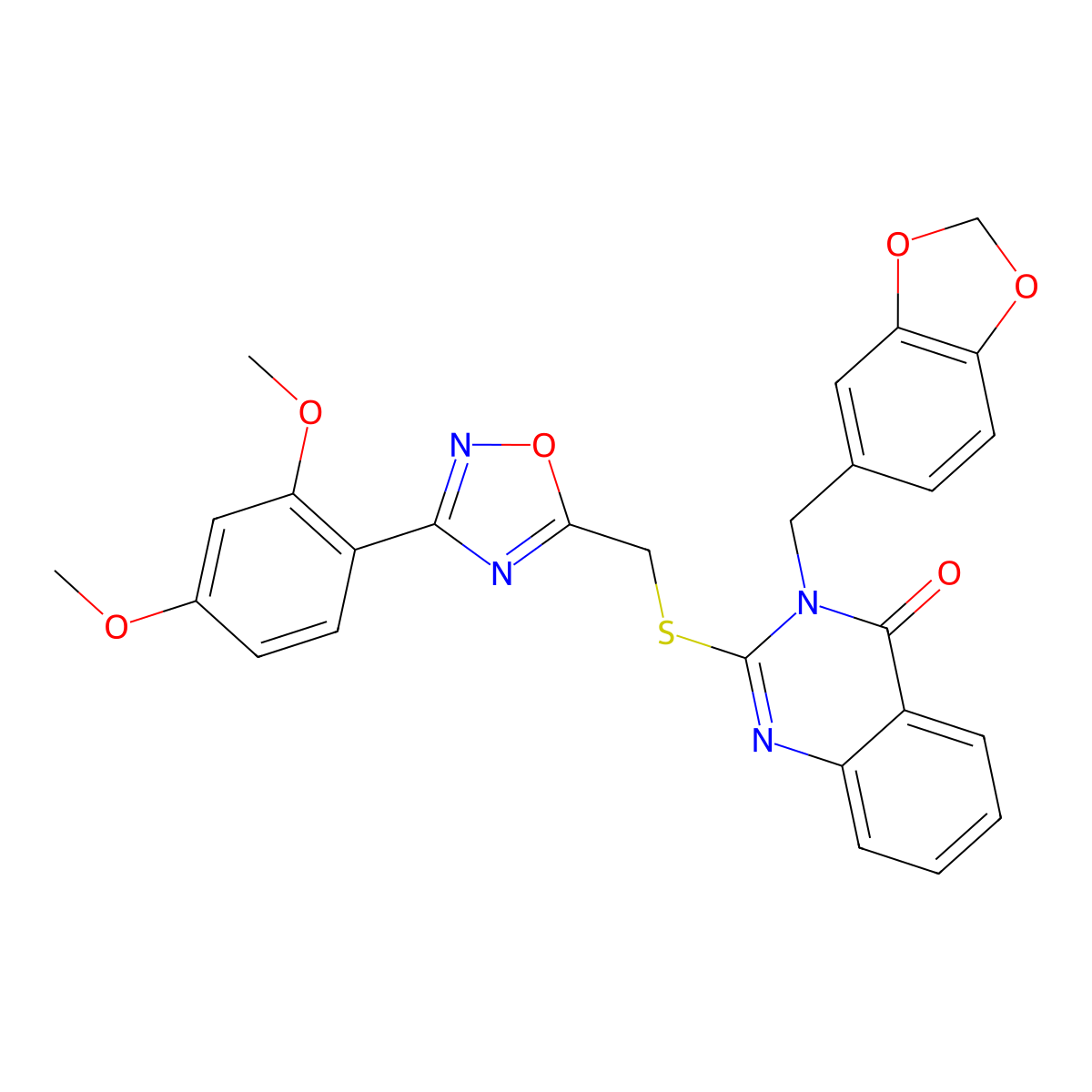 3-(benzo[d][1,3]dioxol-5-ylmethyl)-2-(((3-(2,4-dimethoxyphenyl)-1,2,4-oxadiazol-5-yl)methyl)thio)quinazolin-4(3H)-one molecular structure, CAS 2034205-64-4