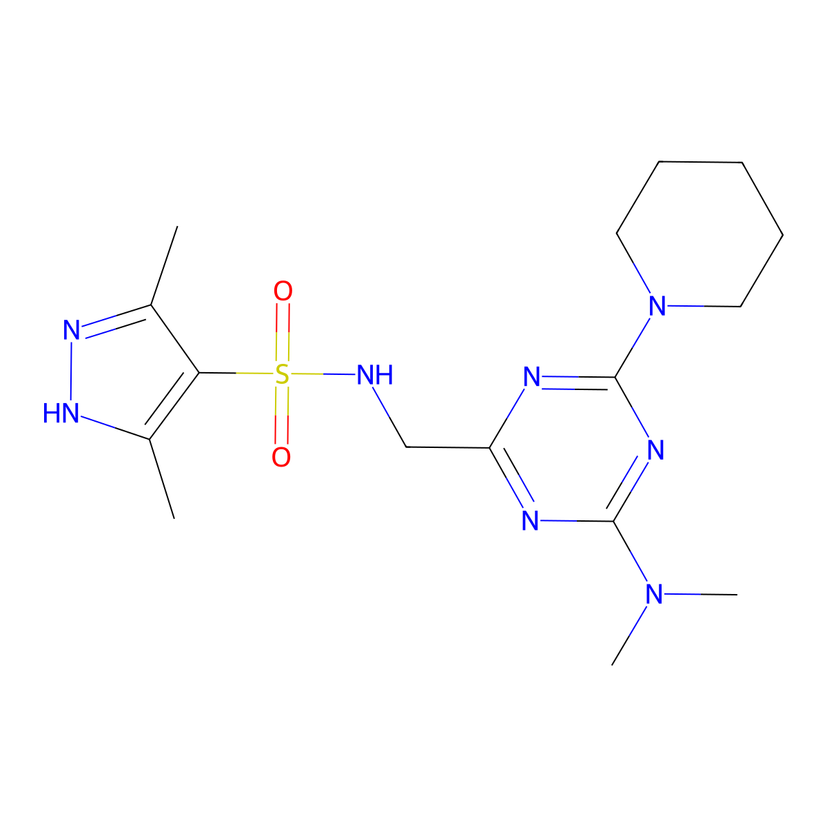 N-{[4-(dimethylamino)-6-(piperidin-1-yl)-1,3,5-triazin-2-yl]methyl}-3,5-dimethyl-1H-pyrazole-4-sulfonamide molecular structure, CAS 2034205-65-5
