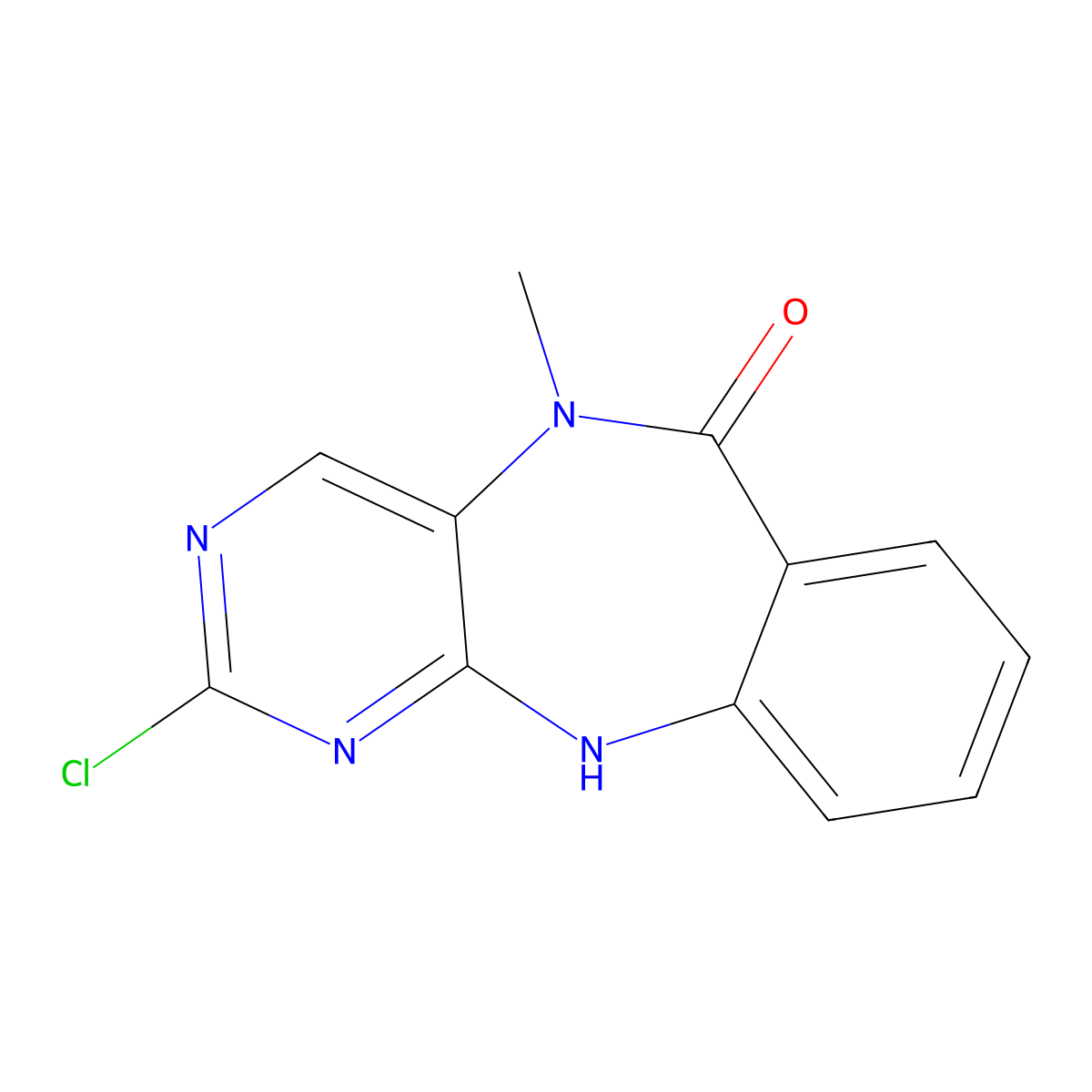 2-Chloro-5-methyl-5,11-dihydro-6H-benzo[e]pyrimido[5,4-b][1,4]diazepin-6-one molecular structure, CAS 2034205-91-7