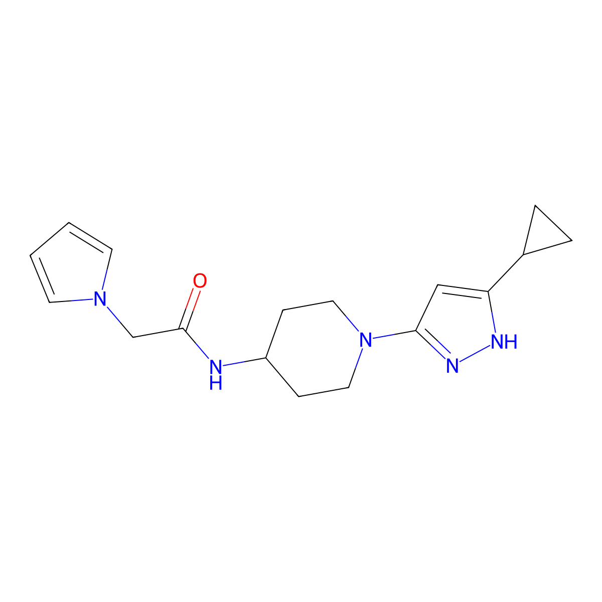 N-(1-(5-cyclopropyl-1H-pyrazol-3-yl)piperidin-4-yl)-2-(1H-pyrrol-1-yl)acetamide molecular structure, CAS 2034206-27-2