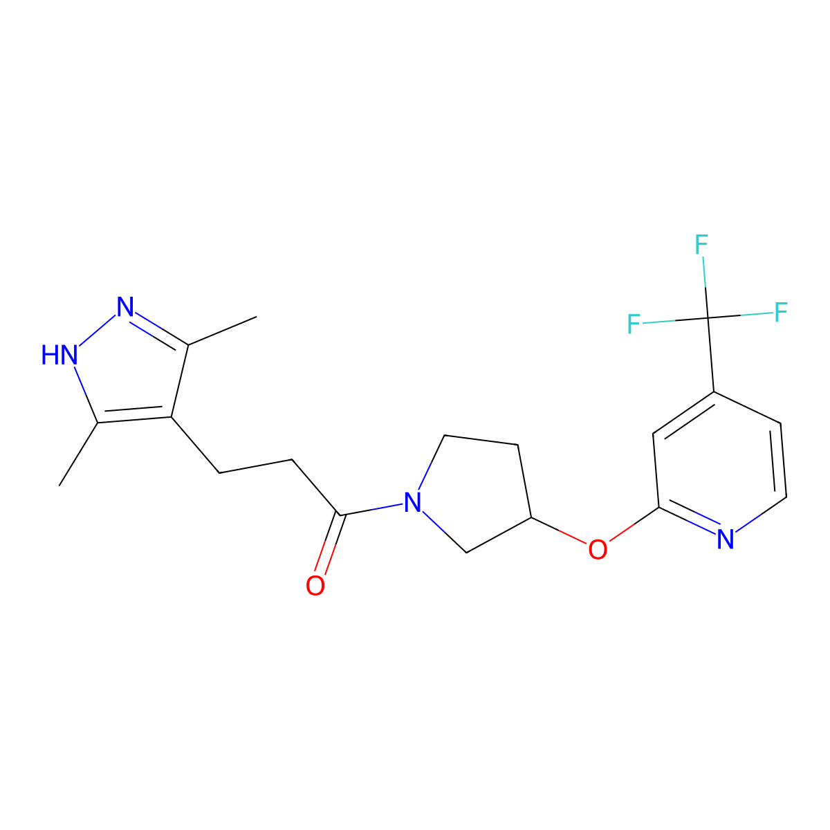 3-(3,5-dimethyl-1H-pyrazol-4-yl)-1-(3-((4-(trifluoromethyl)pyridin-2-yl)oxy)pyrrolidin-1-yl)propan-1-one molecular structure, CAS 2034206-34-1