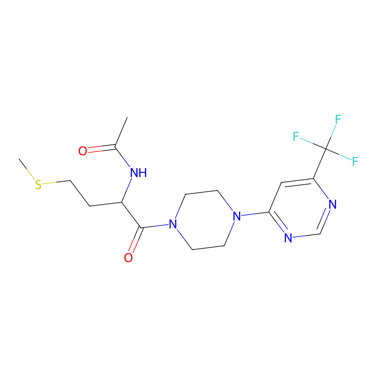 N-(4-(methylthio)-1-oxo-1-(4-(6-(trifluoromethyl)pyrimidin-4-yl)piperazin-1-yl)butan-2-yl)acetamide molecular structure, CAS 2034206-36-3