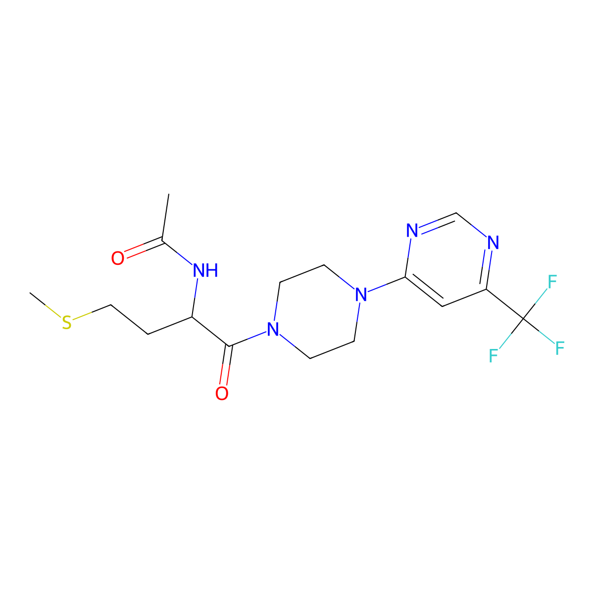 N-(4-(methylthio)-1-oxo-1-(4-(6-(trifluoromethyl)pyrimidin-4-yl)piperazin-1-yl)butan-2-yl)acetamide molecular structure, CAS 2034206-36-3