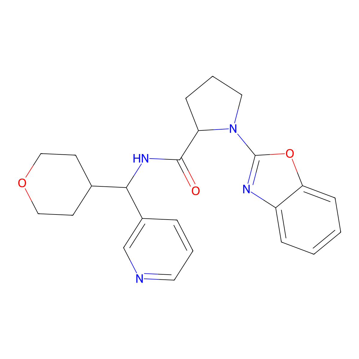 1-(benzo[d]oxazol-2-yl)-N-(pyridin-3-yl(tetrahydro-2H-pyran-4-yl)methyl)pyrrolidine-2-carboxamide molecular structure, CAS 2034206-49-8