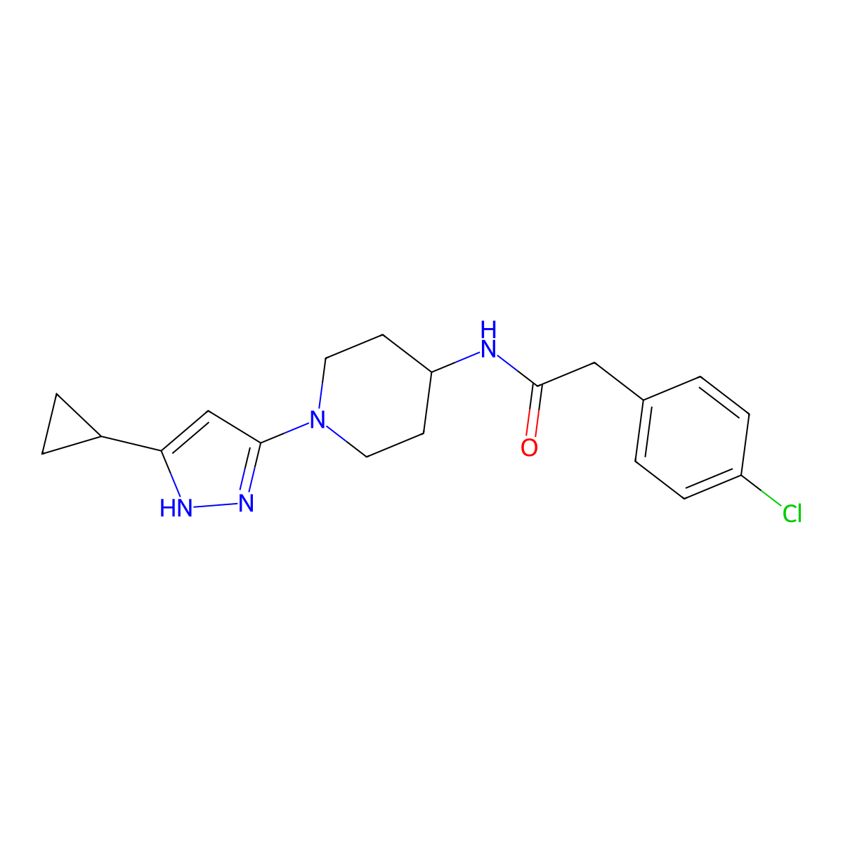 2-(4-chlorophenyl)-N-[1-(5-cyclopropyl-1H-pyrazol-3-yl)piperidin-4-yl]acetamide molecular structure, CAS 2034206-55-6