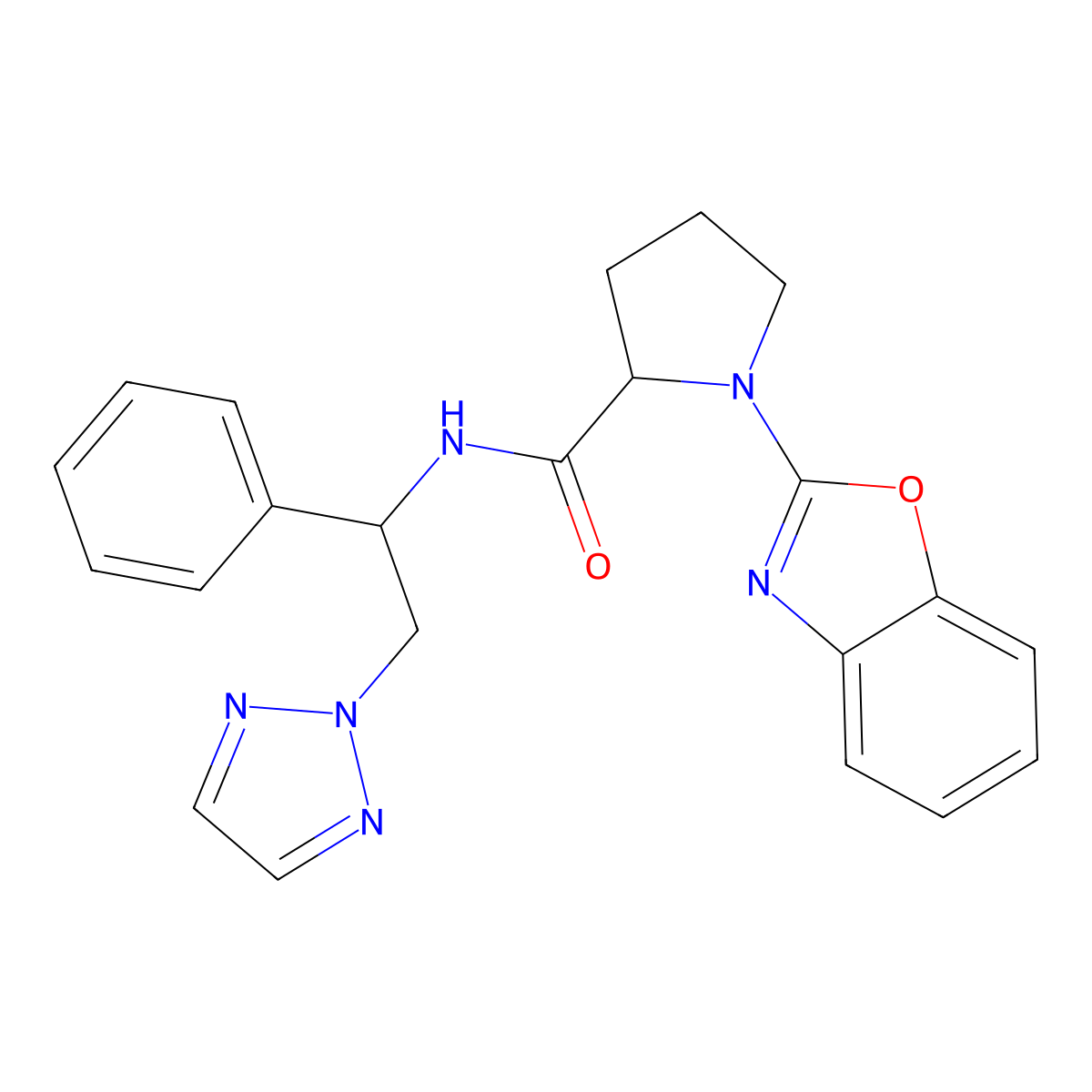 1-(benzo[d]oxazol-2-yl)-N-(1-phenyl-2-(2H-1,2,3-triazol-2-yl)ethyl)pyrrolidine-2-carboxamide molecular structure, CAS 2034206-57-8