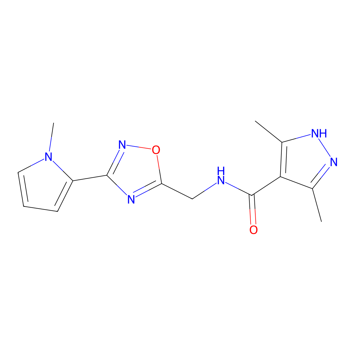 3,5-dimethyl-N-{[3-(1-methyl-1H-pyrrol-2-yl)-1,2,4-oxadiazol-5-yl]methyl}-1H-pyrazole-4-carboxamide molecular structure, CAS 2034206-59-0
