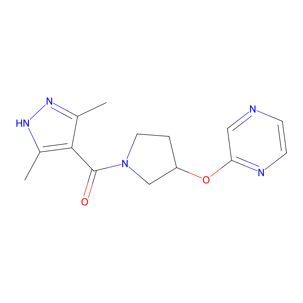 (3,5-dimethyl-1H-pyrazol-4-yl)(3-(pyrazin-2-yloxy)pyrrolidin-1-yl)methanone molecular structure, CAS 2034206-61-4