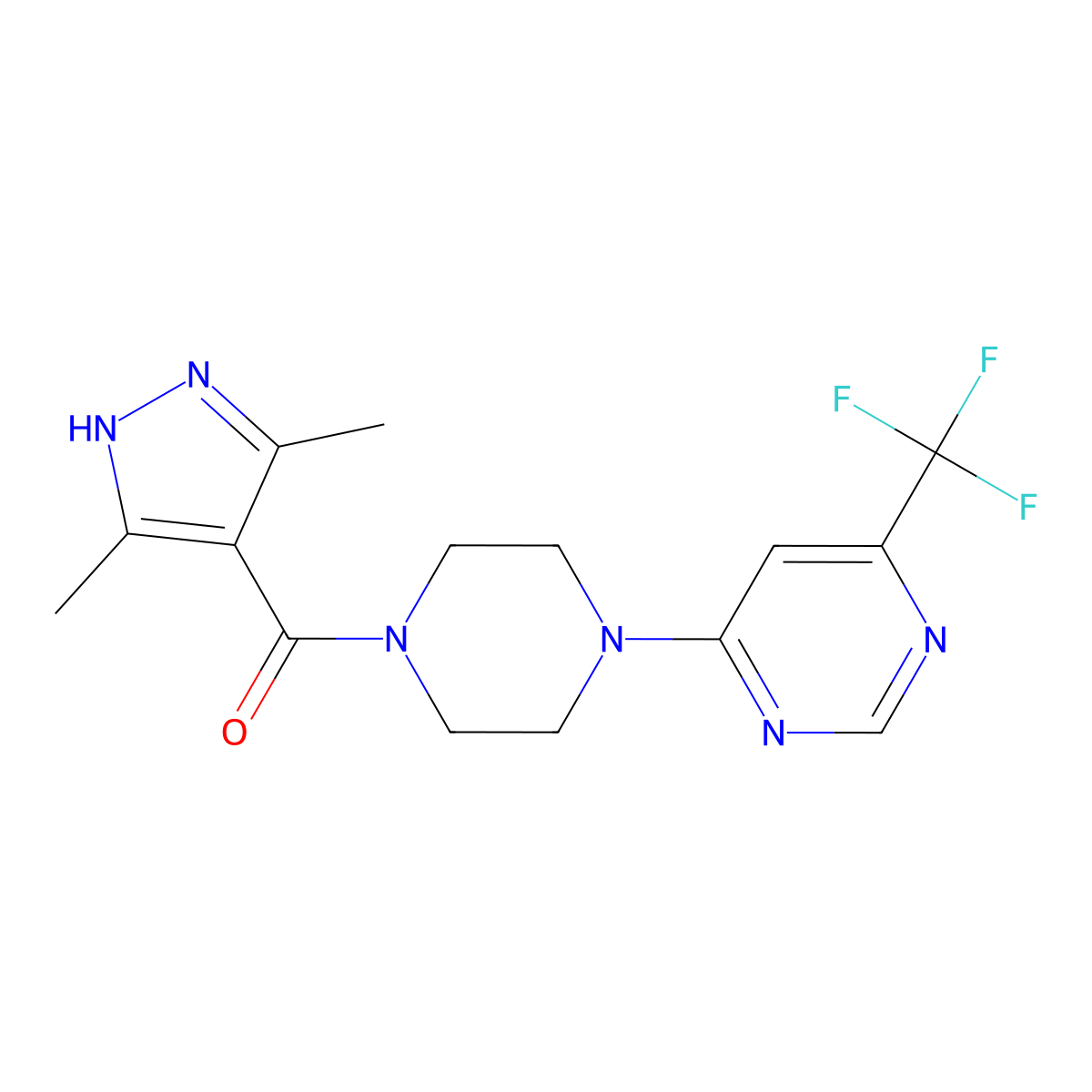 (3,5-dimethyl-1H-pyrazol-4-yl)(4-(6-(trifluoromethyl)pyrimidin-4-yl)piperazin-1-yl)methanone molecular structure, CAS 2034206-62-5
