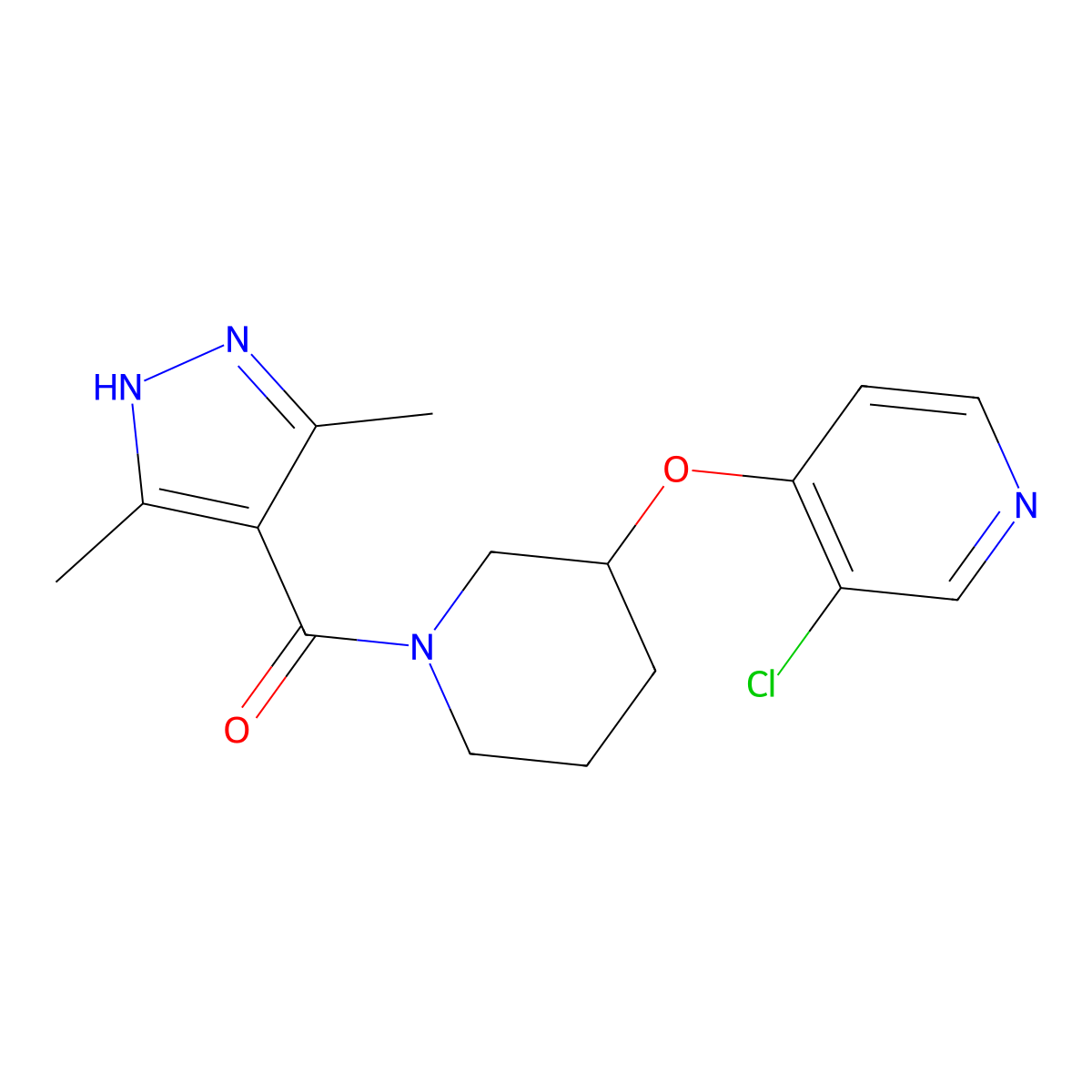 3-chloro-4-{[1-(3,5-dimethyl-1H-pyrazole-4-carbonyl)piperidin-3-yl]oxy}pyridine molecular structure, CAS 2034206-63-6