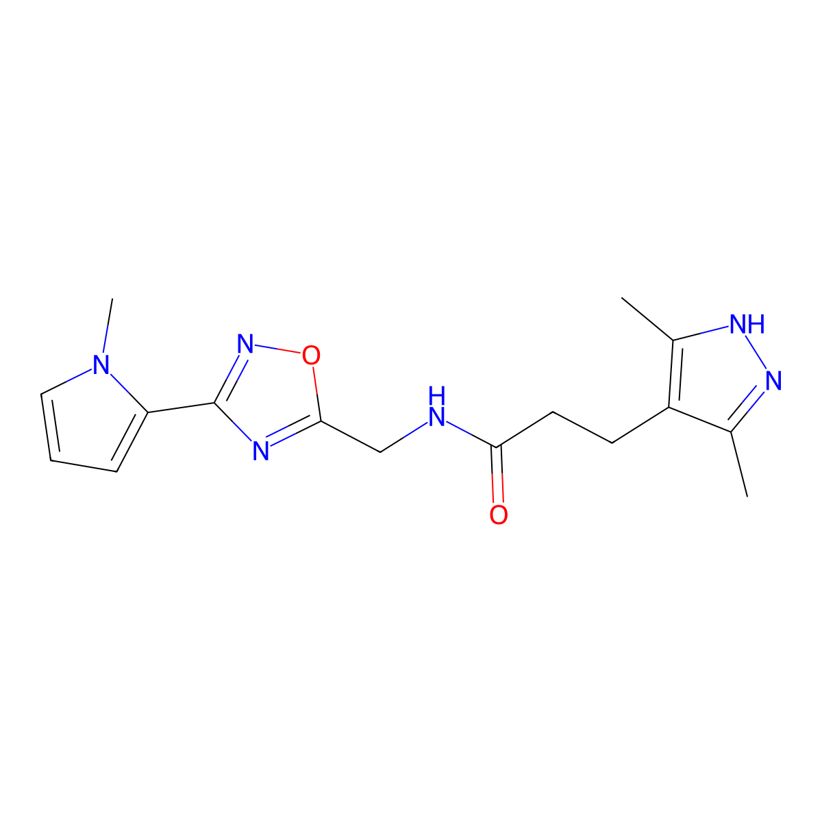 3-(3,5-dimethyl-1H-pyrazol-4-yl)-N-((3-(1-methyl-1H-pyrrol-2-yl)-1,2,4-oxadiazol-5-yl)methyl)propanamide molecular structure, CAS 2034206-67-0