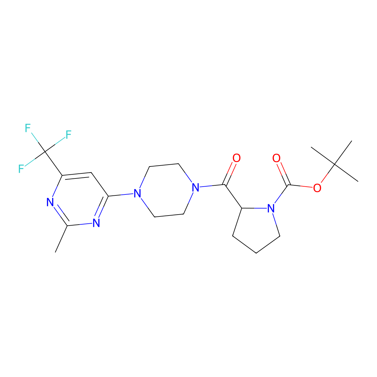 Tert-butyl 2-(4-(2-methyl-6-(trifluoromethyl)pyrimidin-4-yl)piperazine-1-carbonyl)pyrrolidine-1-carboxylate molecular structure, CAS 2034206-69-2